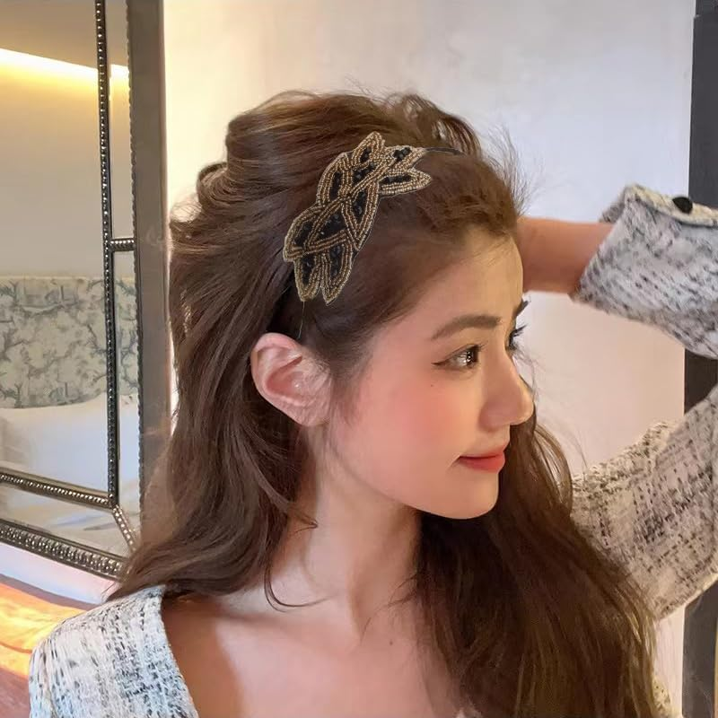 YALLNASL Vintage 1920S Flapper Headband for Women, Rhinestone Beaded, No Slip, 15'' Length, 1 Count (Pack of 1), Black and Gold with Rhinestone, Perfect for Themed Parties, Women, Girls - Black And Gold image number 2