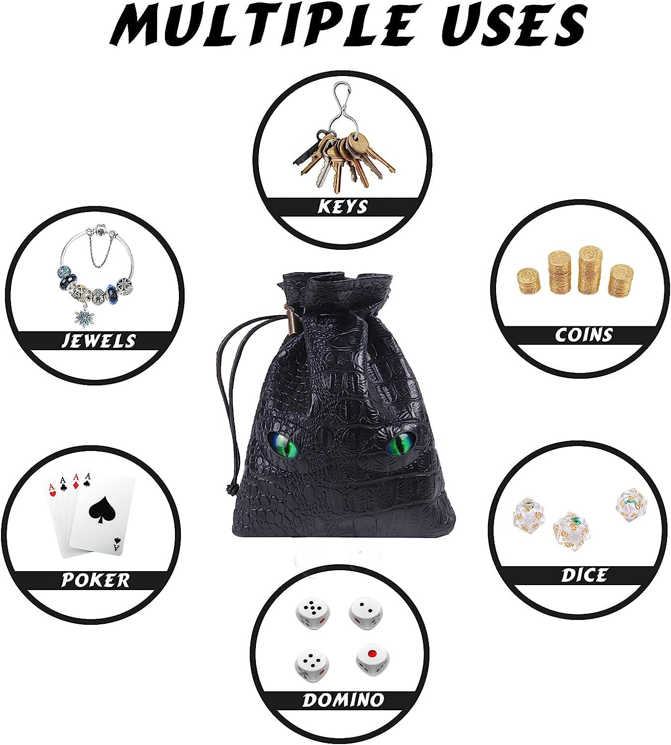 Black DND Dice Bag, DND Dice Bag with Green Eys Can Hold 6 DND Dice Sets, Fire Dragon Leather Coin Bag, Glows Green Light in Eyes, Suitable for DND, Fantasy RPG Game Accessories, Dice Not Included image number 2