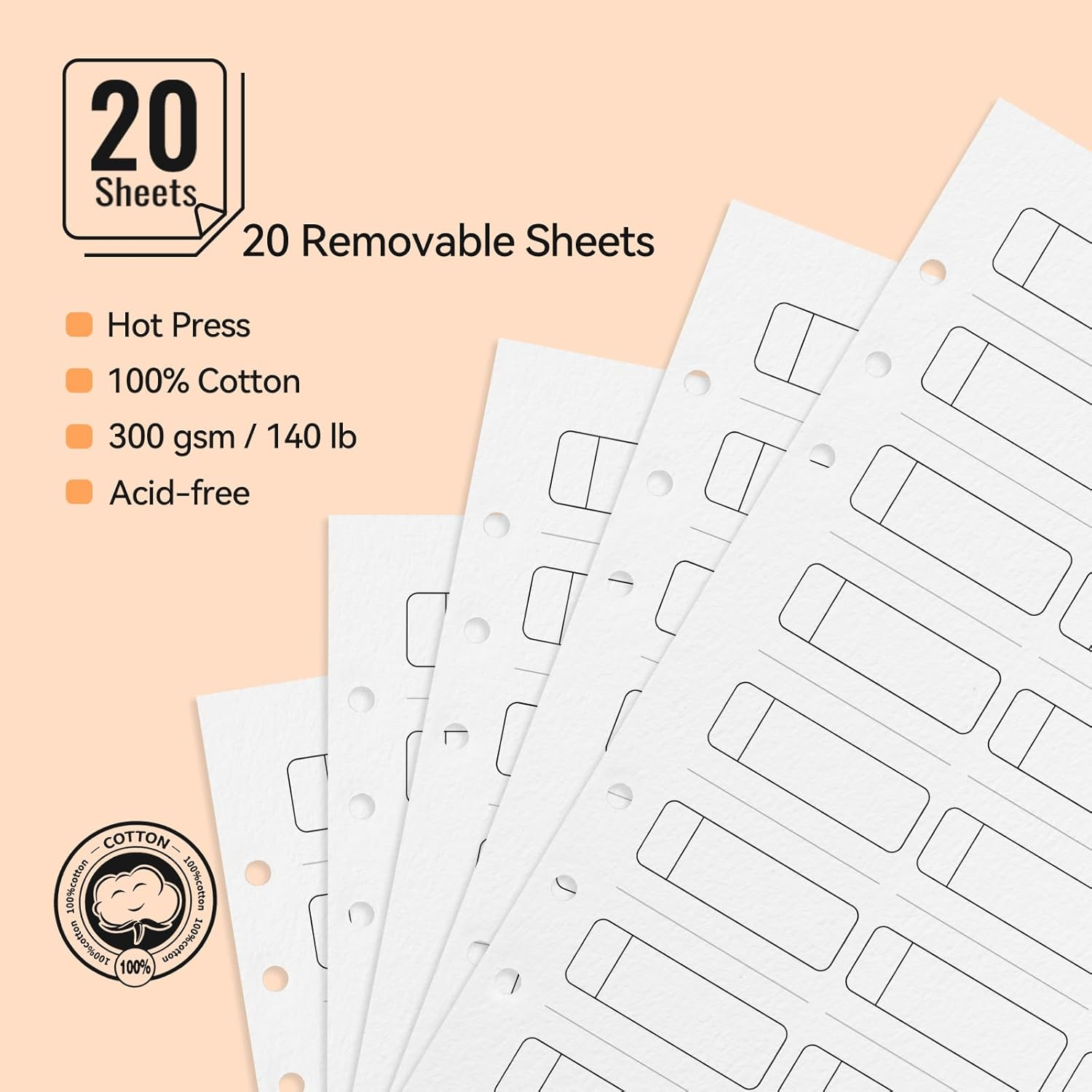 LIGHTWISH Watercolor Swatch Book - 20 Detachable 100% Cotton Sheets 24 Spaces,5.5 * 7.8 In,300Gsm/140Lb Hot Press for Watercolor, Gouache, Oil Pastels - Spiral-Bound Color Testing Journal image number 1