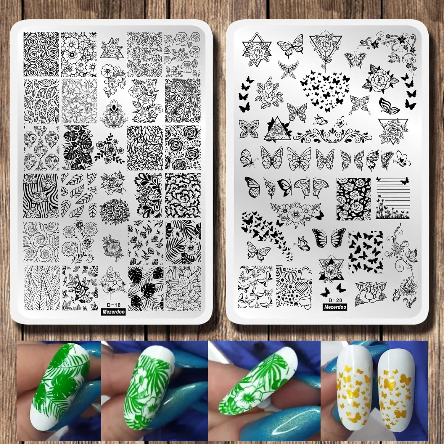 2Pcs Butterfly Rose Steel Nail Stamping Plates Flower Leaf Image Geometric Polish Stencil Accessories Tool 14.5&times;9.5Cm Big Size Nail Art Template