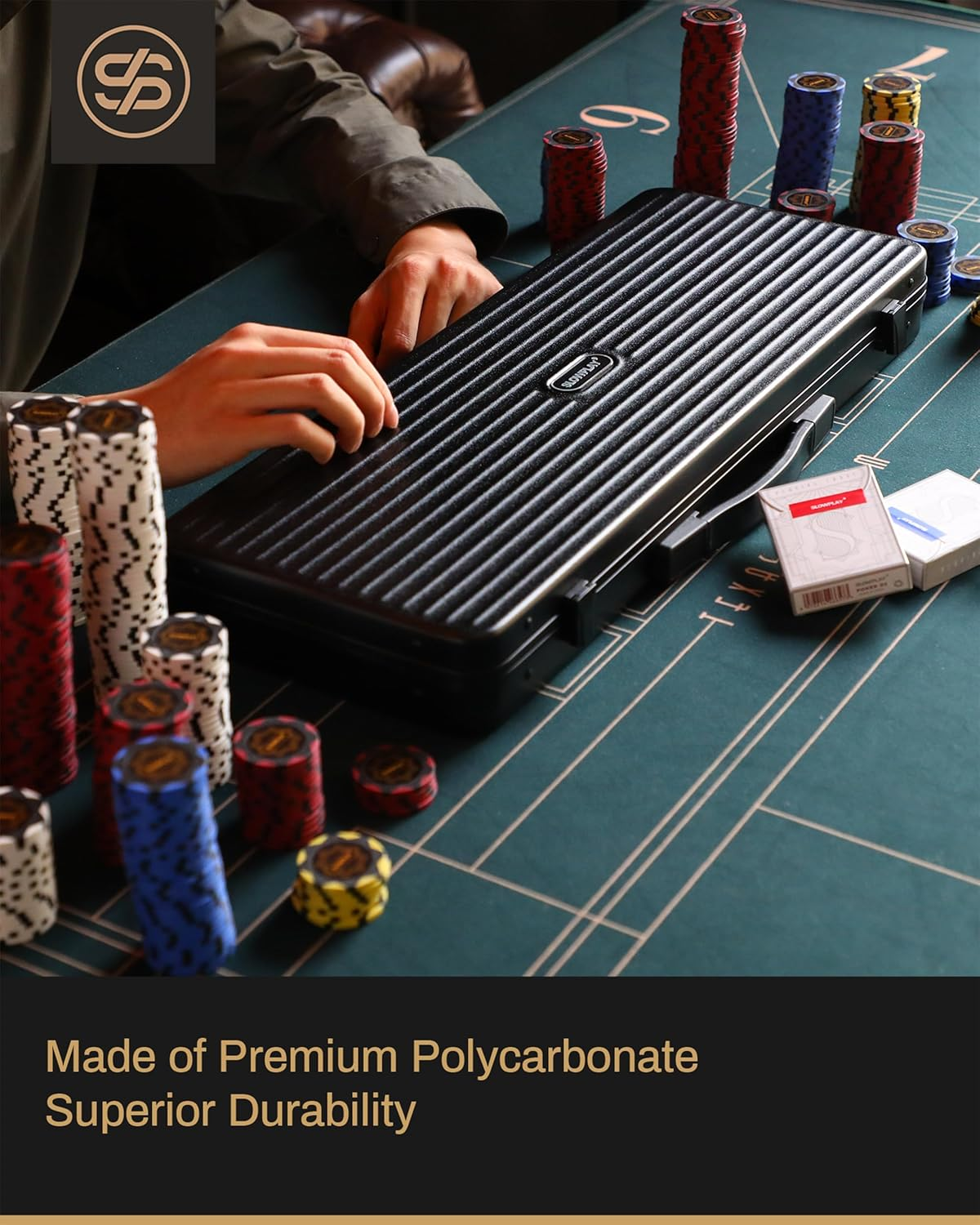 SLOWPLAY Poker Chip Case for Texas Holdem, 300 PCS, High-End Carrying Case with Leather Interior Design and German Polycarbonate Shell, Super Portable & Sturdy image number 3