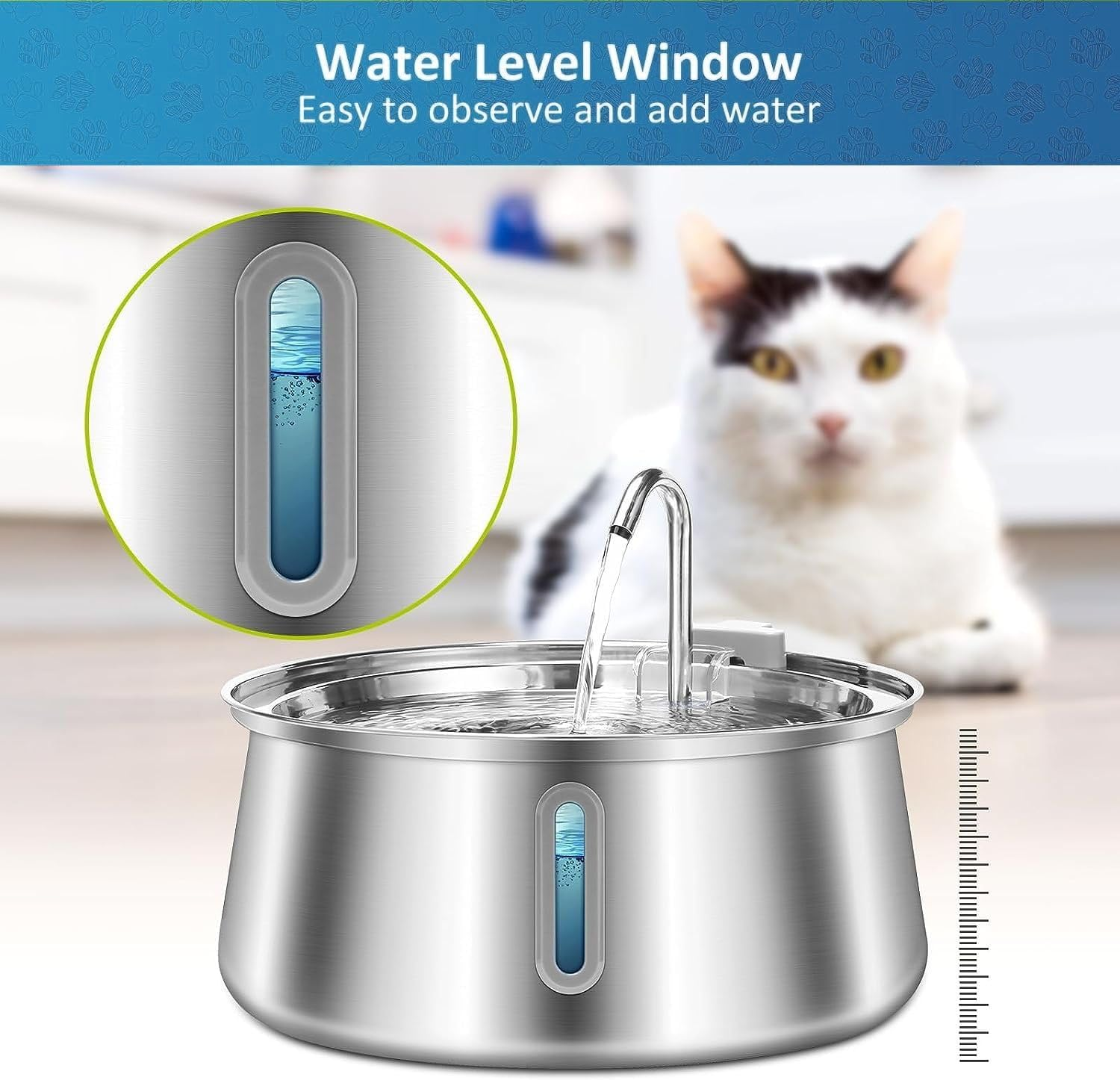 AUSWAY Cat Water Fountain Stainless Steel, 4L Pet Water Fountain with Water Level Window,Ultra Quiet Dog Water Dispenser with Filter and Sponge Faucet Water Fountain for Pet image number 2