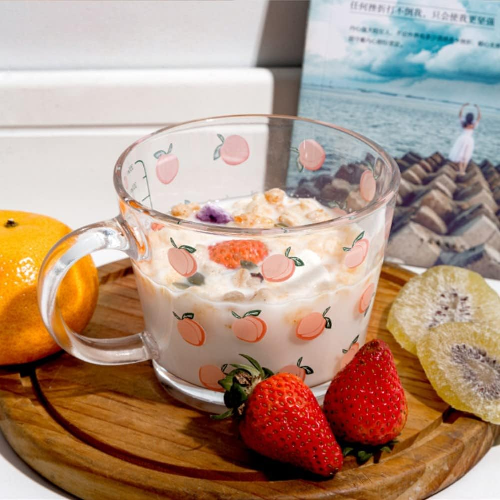 12 OZ Kawaii Mug Peach Glass Cup with Measurements,Glass Coffee Mug Cup with Handle for Coffee,Latte,Juice,Milk,Yogurt,Dessert,Tea,Breakfast Oatmeal Cup - Blue 1 image number 4