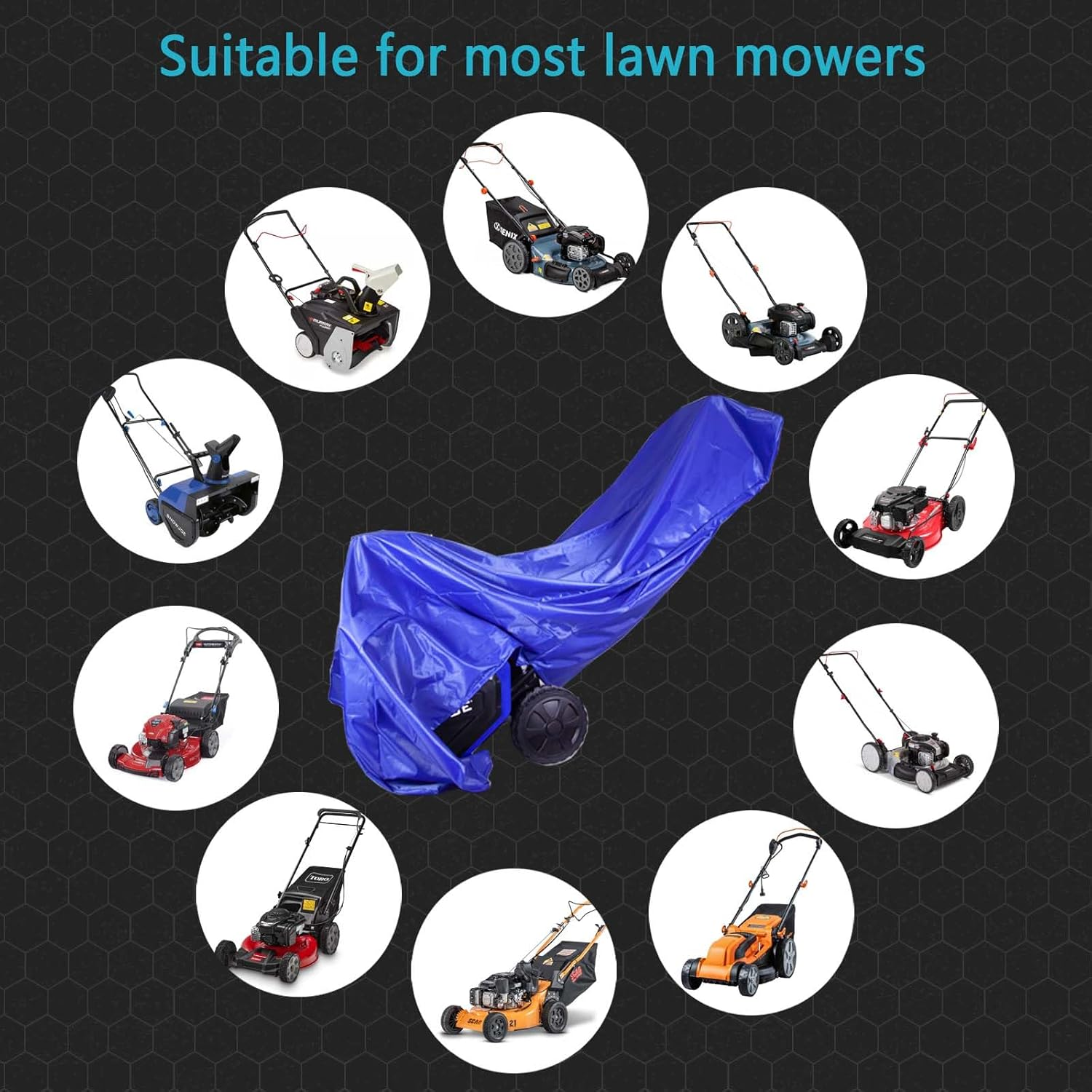 Blue 600D Heavy-Duty Fabric Lawn Mower Cover - Universal Fit for Push Mowers - Shields against Water, UV Rays, Dust, Dirt, and Wind - Outdoor Protection with Waterproof Capabilities image number 2