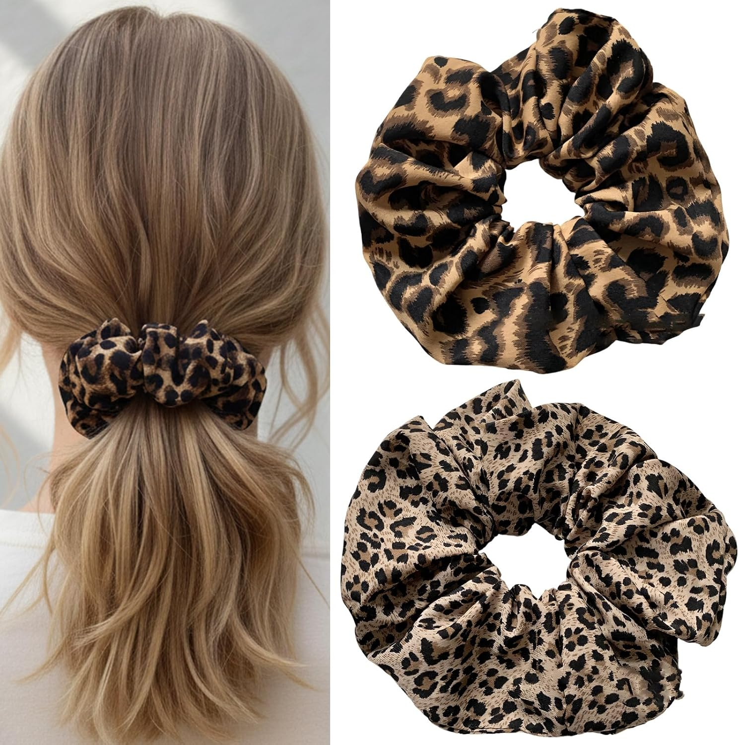 2 X Scrunchies Leopard Print Soft and Elastic Hair Bobbles for Women, Leo Hair Scrunchies Set with Dark and Light Colours, 4 X 4 X 2 Cm image number 3