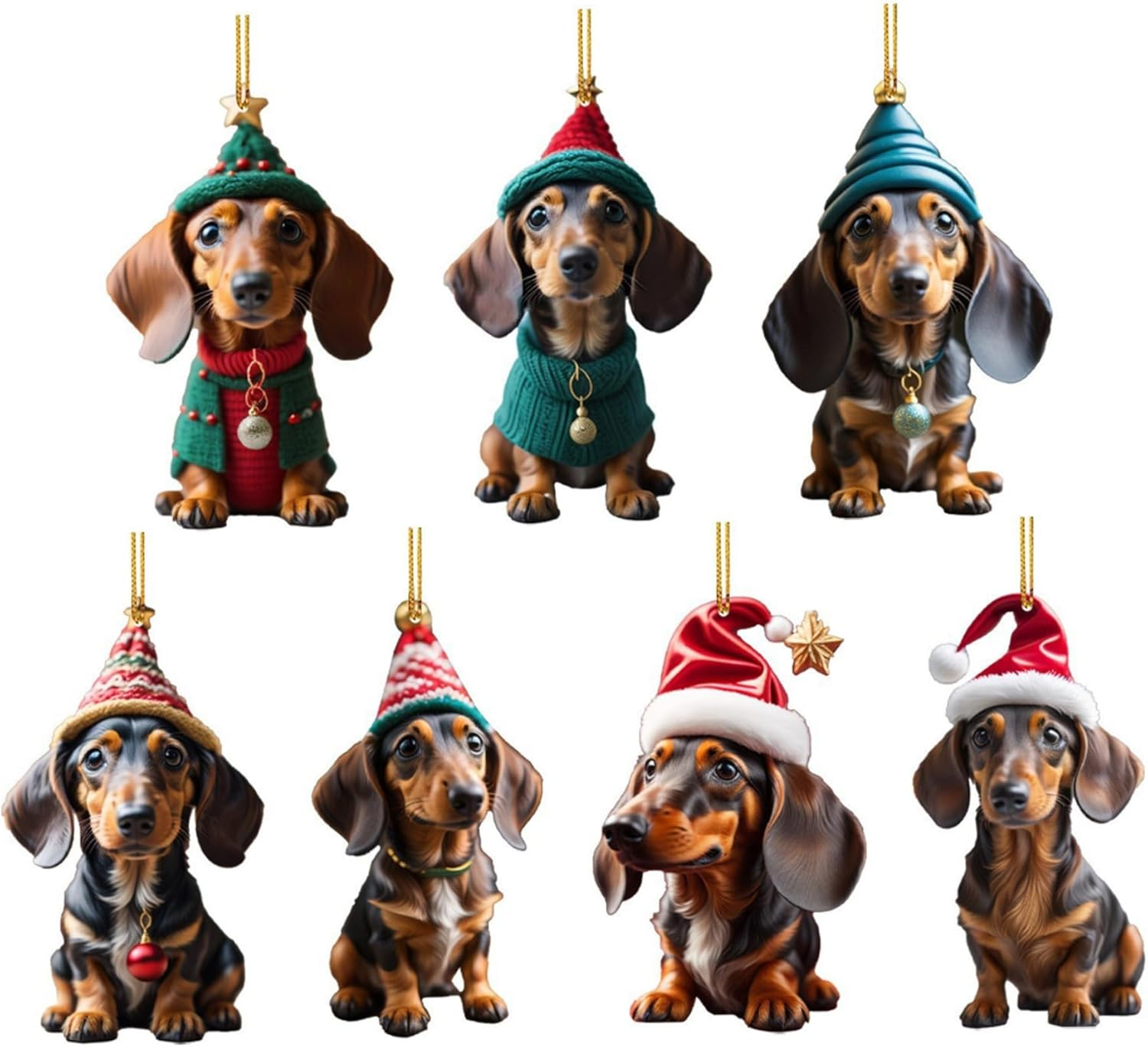 Dachshund Christmas Ornaments 7Pcs Hanging 2D 3.15In Acrylic Cute Vibrant Decor for Christmas Tree Wreath Garland Car Interior Type2 image number 1