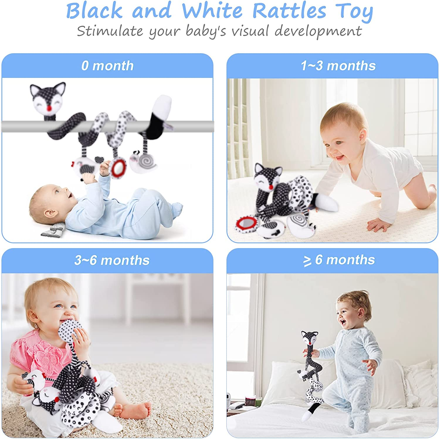 Spiral Hanging Stroller Baby Toys : Newborn Hanging Spiral Activity Black and White Dangling High Contrast Toy Musical Wrap Sensory Babies Infant Toys for Car Seat Stroller Mobile Bassinet Pram image number 3