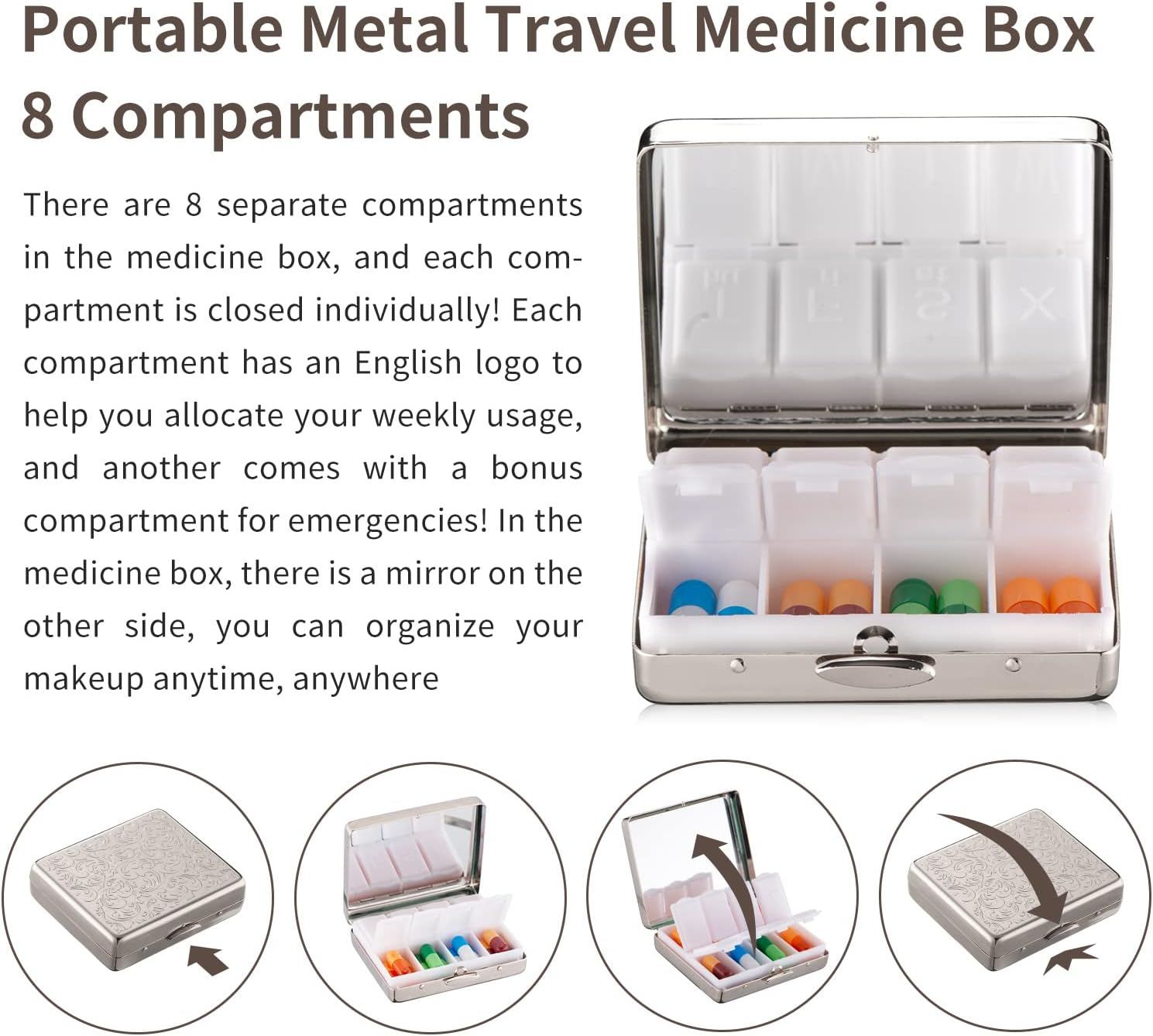 Portable Metal Travel Medicine Box/8 Compartments (Silver, Rectangle) image number 5