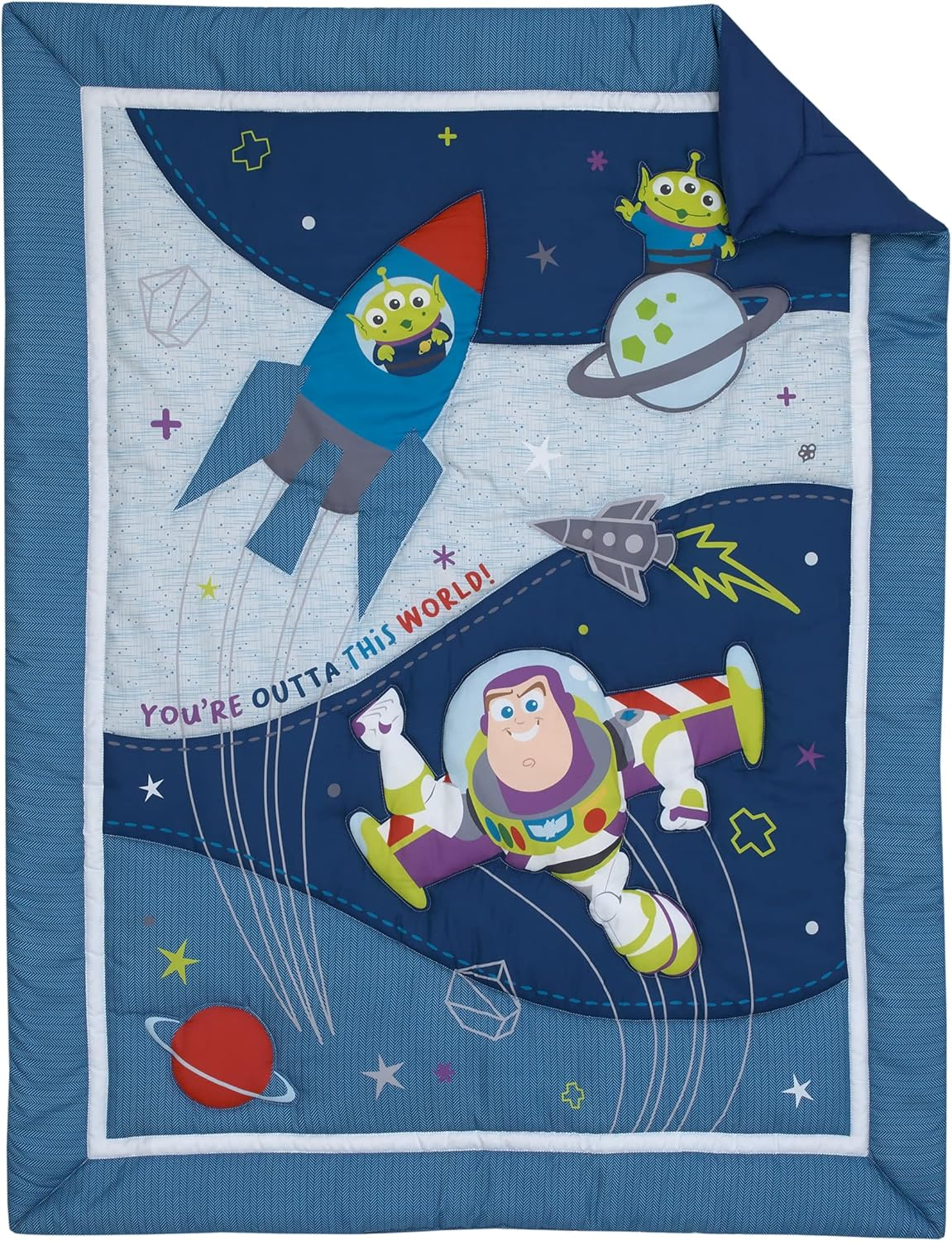 Disney Toy Story Outta This World Blue and Gray 3 Piece Nursery Crib Bedding Set - Comforter, Fitted Crib Sheet, and Crib Skirt (4763276P) image number 1