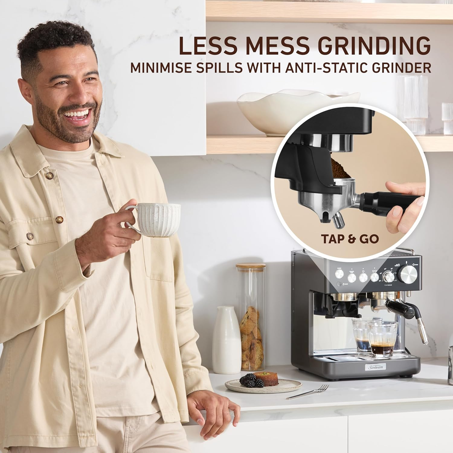 Sunbeam Origins Sense Espresso Machine | 4 Steam Settings with Tempsense Steam Auto Shut Off, Coffee Machine Anti-Static Technology for Less Mess Grinding, One-Button Cleaning, Graphite EMM6500GR image number 6
