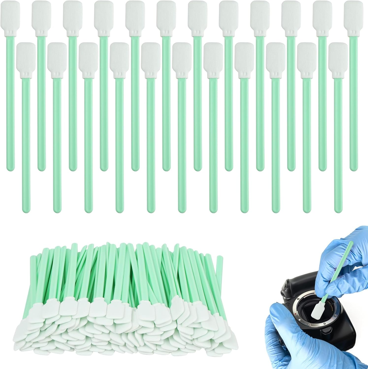 Dust-Free Cleaning Sticks, Long Sterile Cleaning - 100 Pieces, Green Cleaning Sticks, Sterile Cotton Buds, Mini Cleaning Sticks, Lint-Free for Print Head Cleaners, Keyboards or Camera Lenses image number 1
