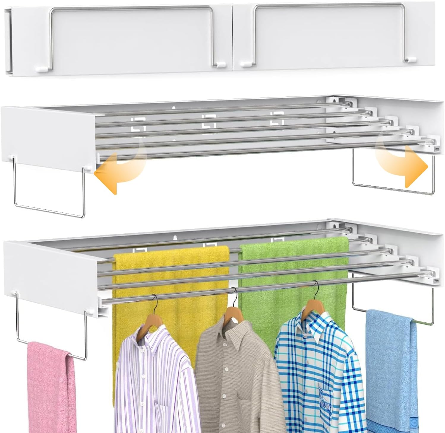 Hormes Wall Mounted Clothes Drying Rack 100CM, Foldable Indoor Clothes Line & Laundry Drying Rack with 5 Stainless Steel Rods, with 2 Towel Handles & Wall Template, 50KG Capacity for Indoor & Outdoor image number 5