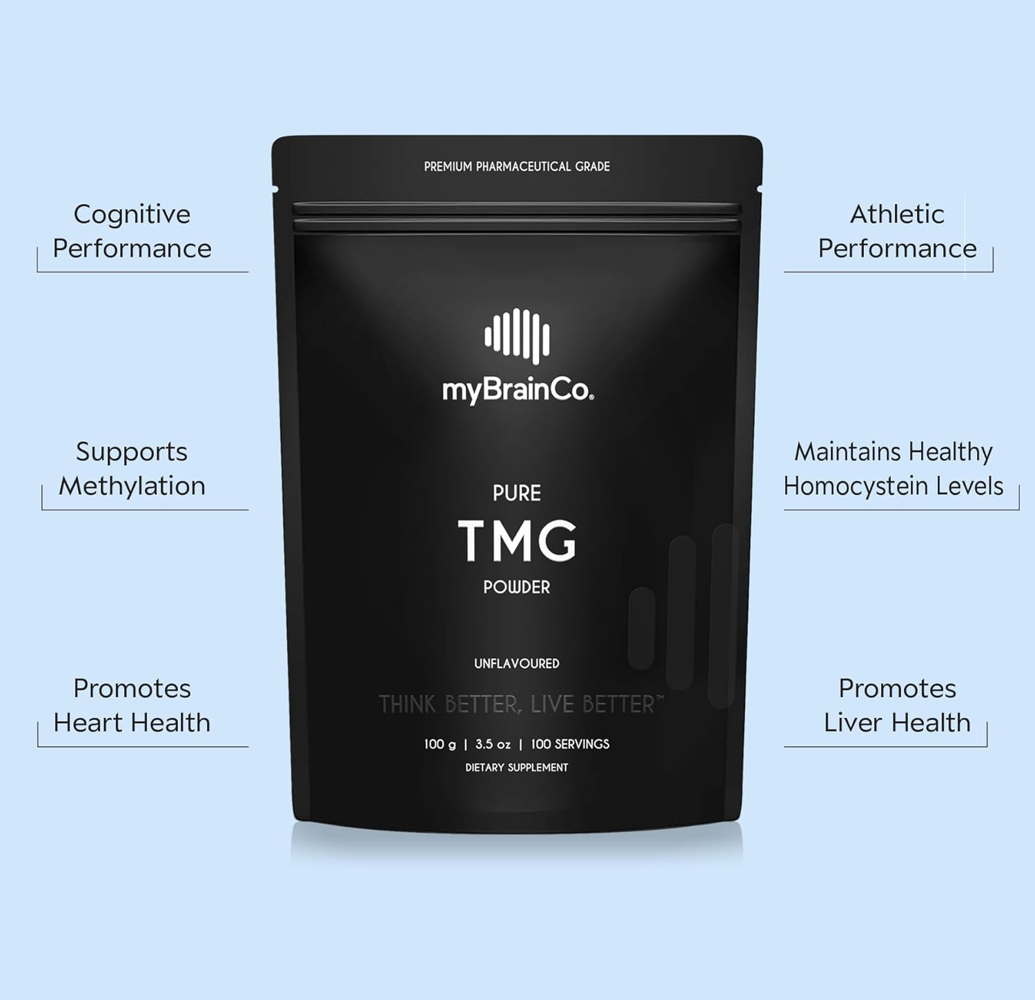 Mybrainco. Pure TMG Powder - Trimethylglycine as Betaine Anhydrous - Lab-Tested - Healthy Homocysteine Levels, Methylation Support, Heart & Liver Health - 100 Servings (100G)