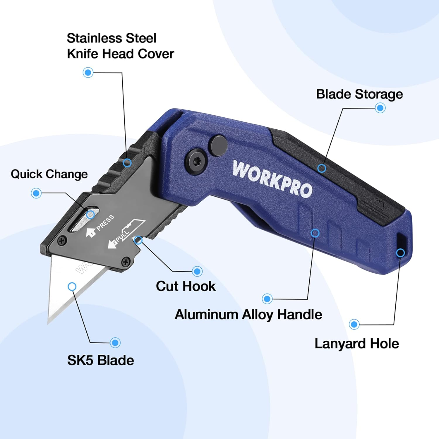 WORKPRO Folding Utility Knife, Quick Change Box Cutter, Razor Knife for Cartons, Cardboard, Boxes, Blade Storage in Aluminum Handle, 13 Extra Blades Included (Blue) - Red image number 3