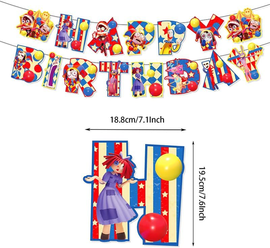 32 PCS the Amazing Digital Circus Birthday Decorations, Party Favor Decoration Supplies, Including Happy Birthday Banner, Cake Topper, Cupcake Topper, Balloons- Room Decoration image number 1