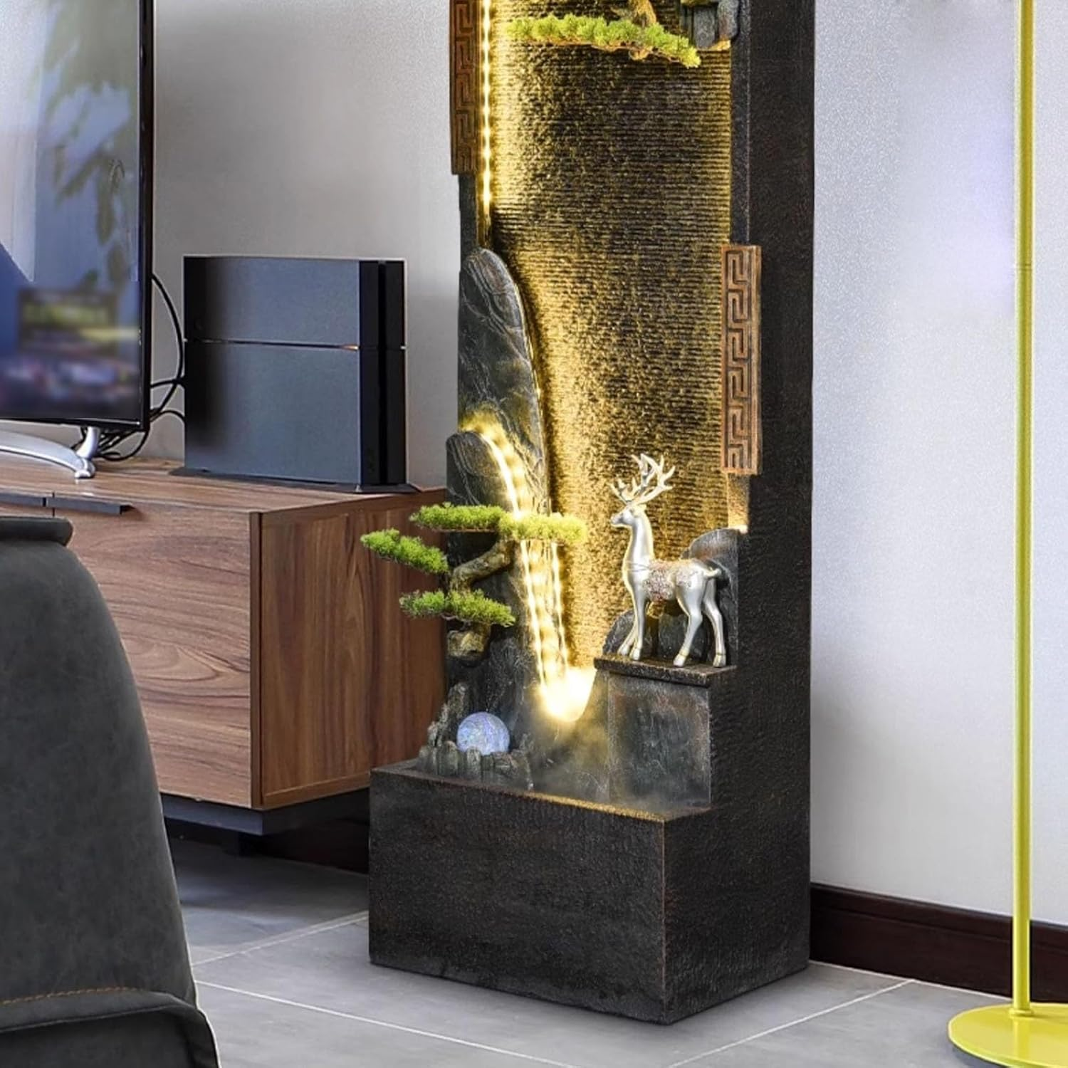 Outdoor Fountain Chinese-Style Circulating Water Curtain Wall Fountain with Artificial Mountain and Flowing, Floor-Standing Decorative Ornament, Suitable for Living Room or Office image number 3