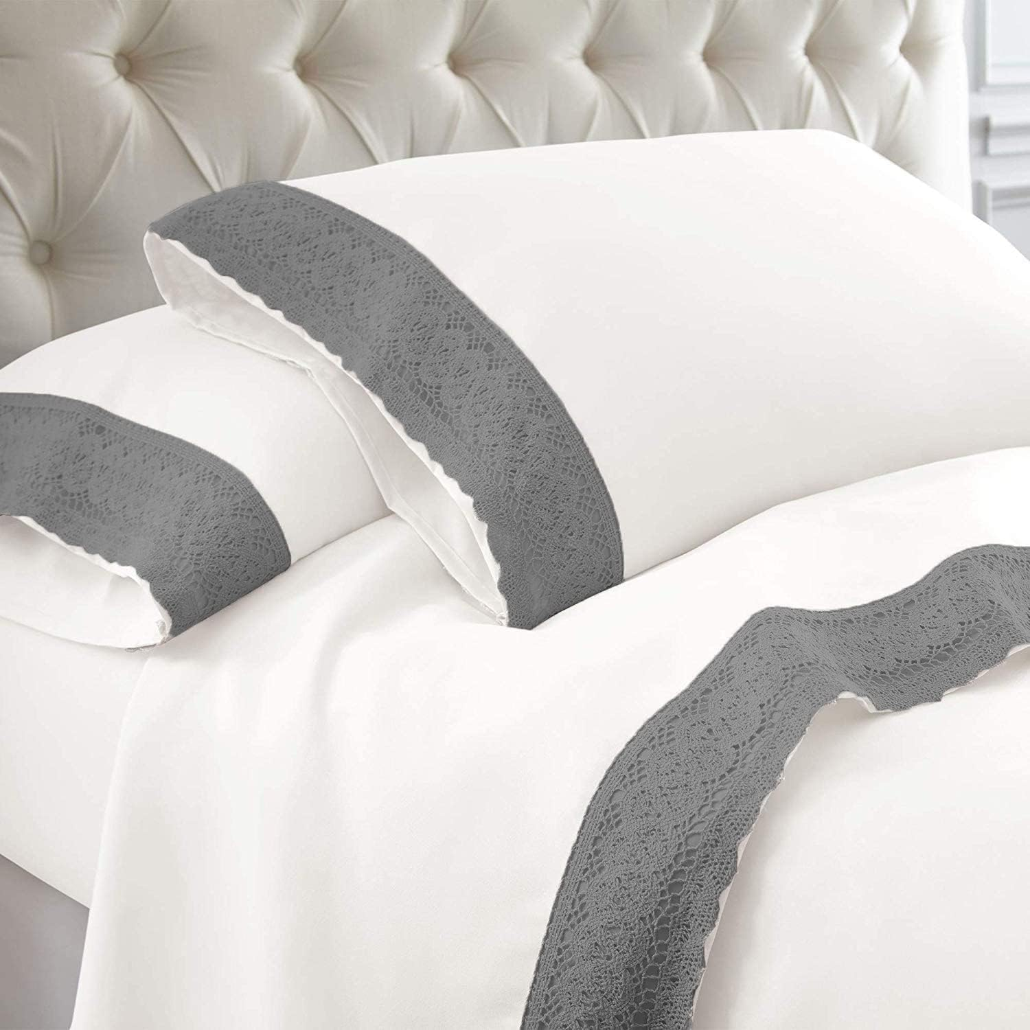 Shangri La-Linen Crochet Lace Microfibre Sheet Set, Single, Charcoal