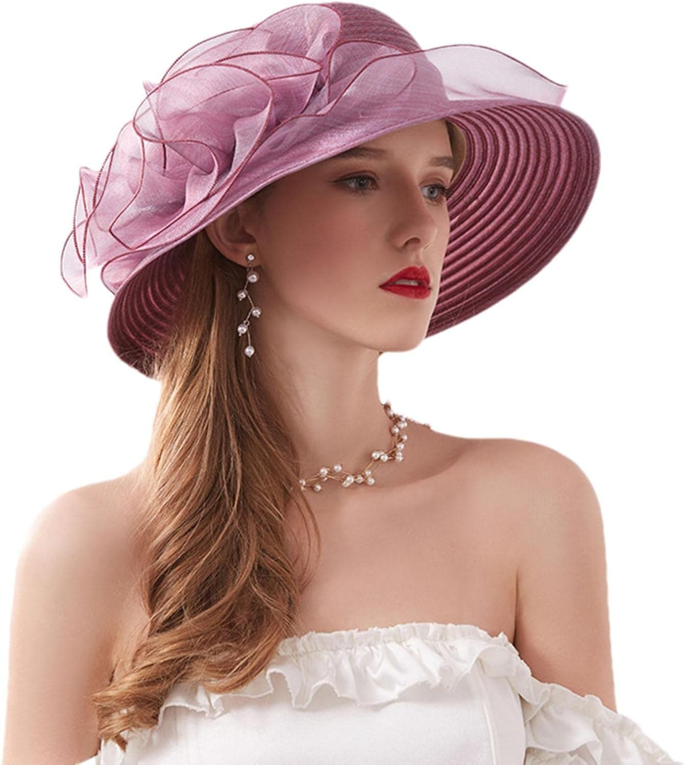 POCHY Tea Hats for Women | Women'S Organza Derby Tea Hat,British Fascinator Bridal Tea Wedding Hat Purple image number 4