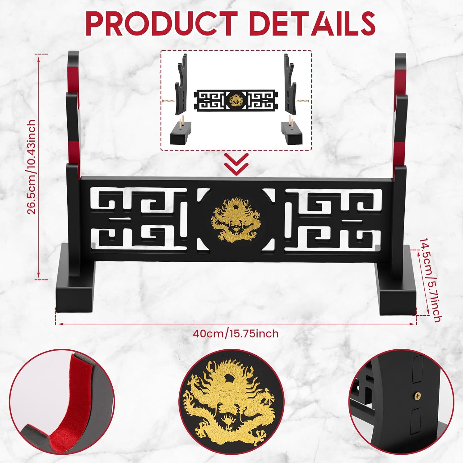 Rdjeokf Sword Stand Display, Samurai Sword Holder Stand Desktop, 2 Layer Display Sword Stand Showcase, with Golden Dragon Pattern Velveteen Protection, Wooden Rack for Knife, Dagger at Home image number 6