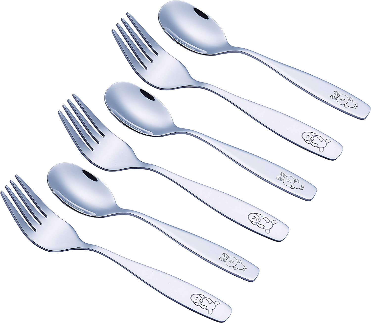 Exzact Children'S Cutlery Stainless Steel 6Pcs/ Kids Fork and Spoon Set/Toddler Flatware - 3 X Forks, 3 X Dinner Spoons - Dog & Bunny Engraved - Silver image number 2
