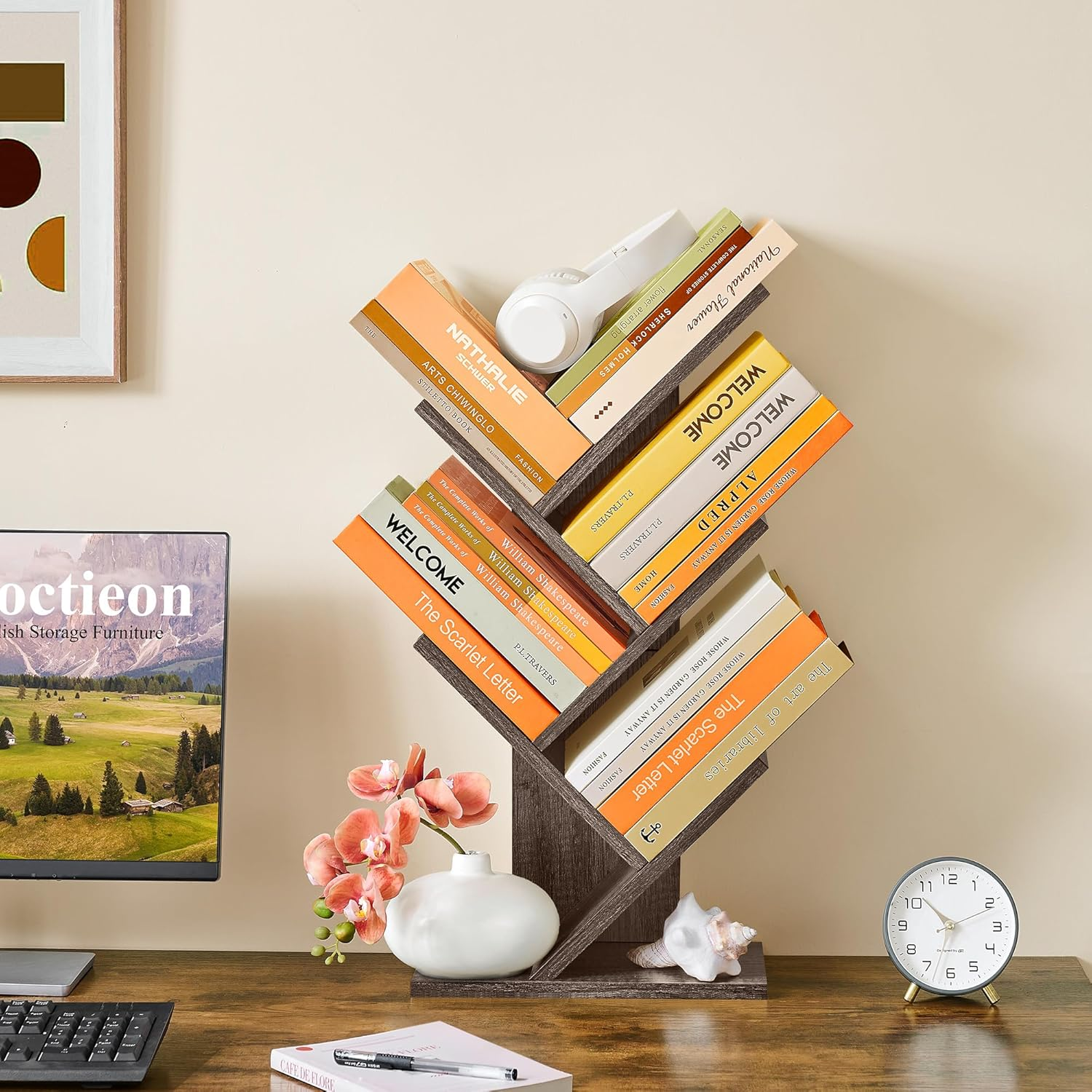 Hoctieon 4 Tier Tree Bookshelf, 4 Shelf Bookcase, Free Standing Tree Bookcase, Display Floor Standing Shelf for Books, Book Organizer Shelves for Home Office, Living Room, Bedroom, Grey image number 4