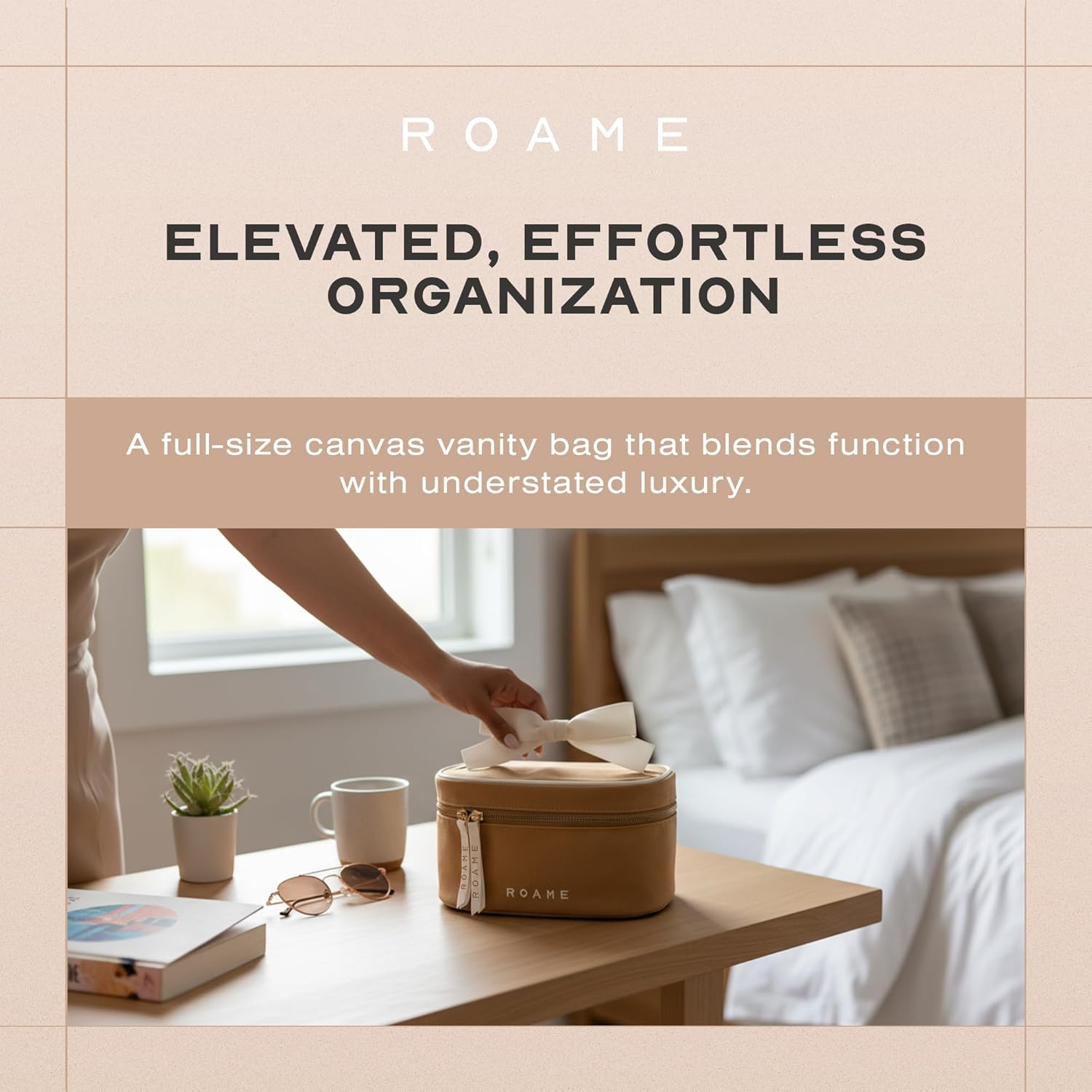 Roame Everyday Vanity Bag &ndash; Elegant Canvas Cosmetic Travel Bag with Zipper, Spacious Toiletry Organizer & Makeup Pouch for Women &ndash; Stylish Daily Companion for Life at Home or On-The-Go