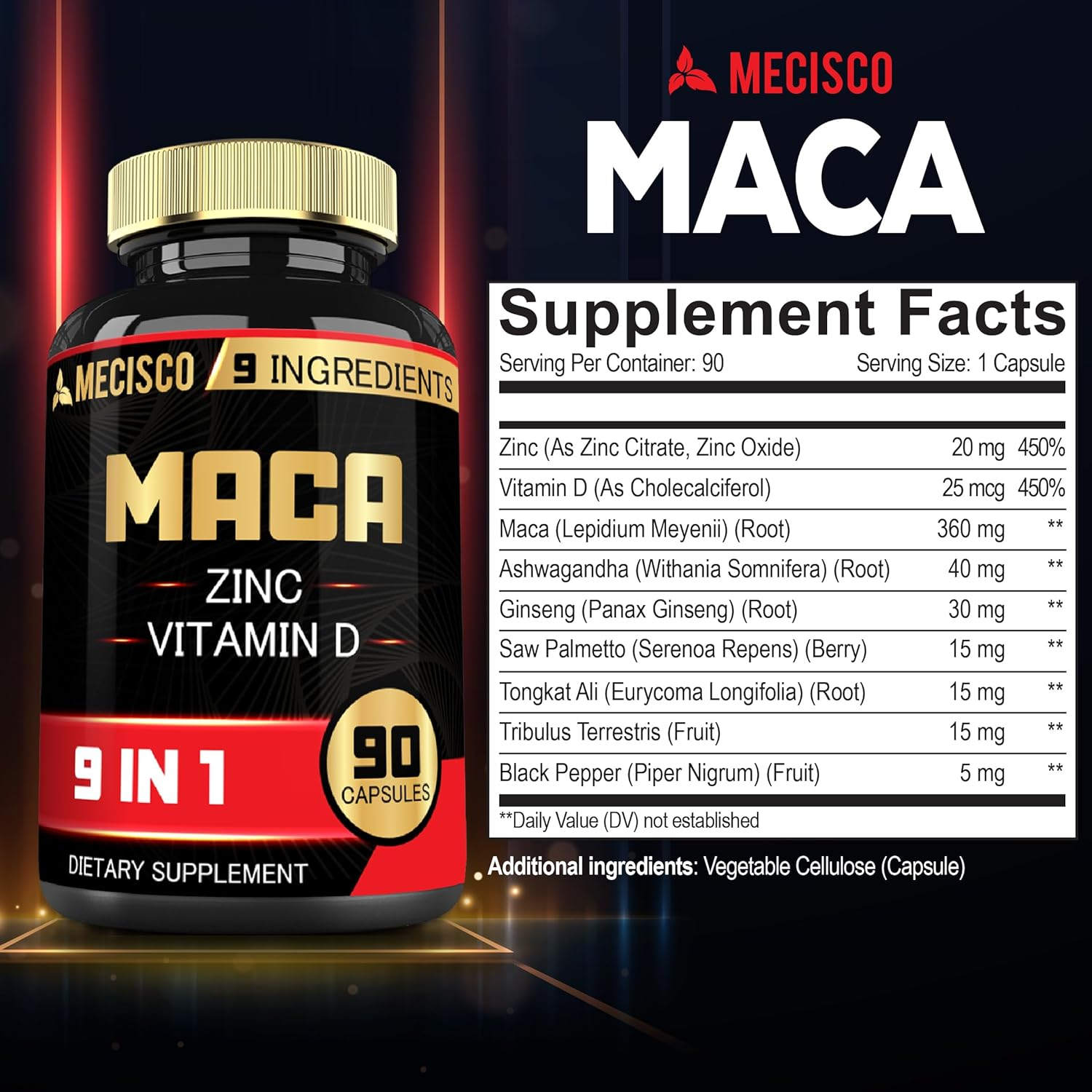 9In1 Maca Root Capsules Equivalent 8500Mg Blended with Zn, Vitamind, Ashwagandha, Ginseng, Saw Palmetto, Tongkat Ali & More - Test Levels, Endurance, Energy Support - 90 Count 3 Months