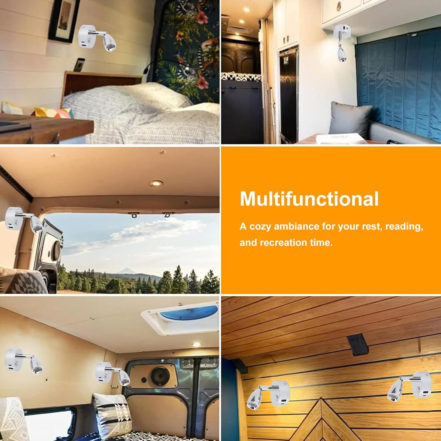 12V Campervan Lights - USB Port Matte RV Reading Lamp with 3-Color Temperature & Dimmable Touch Switch, 12V LED Spot Lights for Wall Sconce (Cr Plated) - Black Plated image number 7