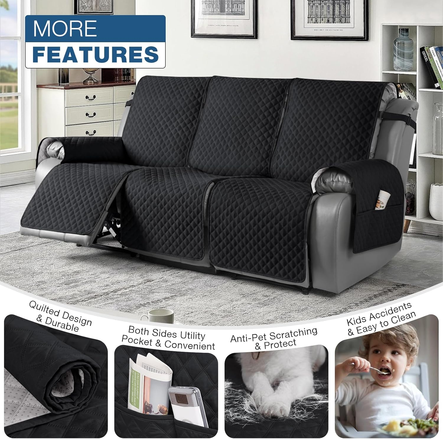 TAOCOCO Recliner Sofa Slipcover Couch Covers for 3 Cushion Couch, Pet Sofa Cover for 3 Seat Recliner Sofa, Washable Reclining Sofa Cover Furniture Protector with Elastic Straps(3 Seater, Black) image number 3