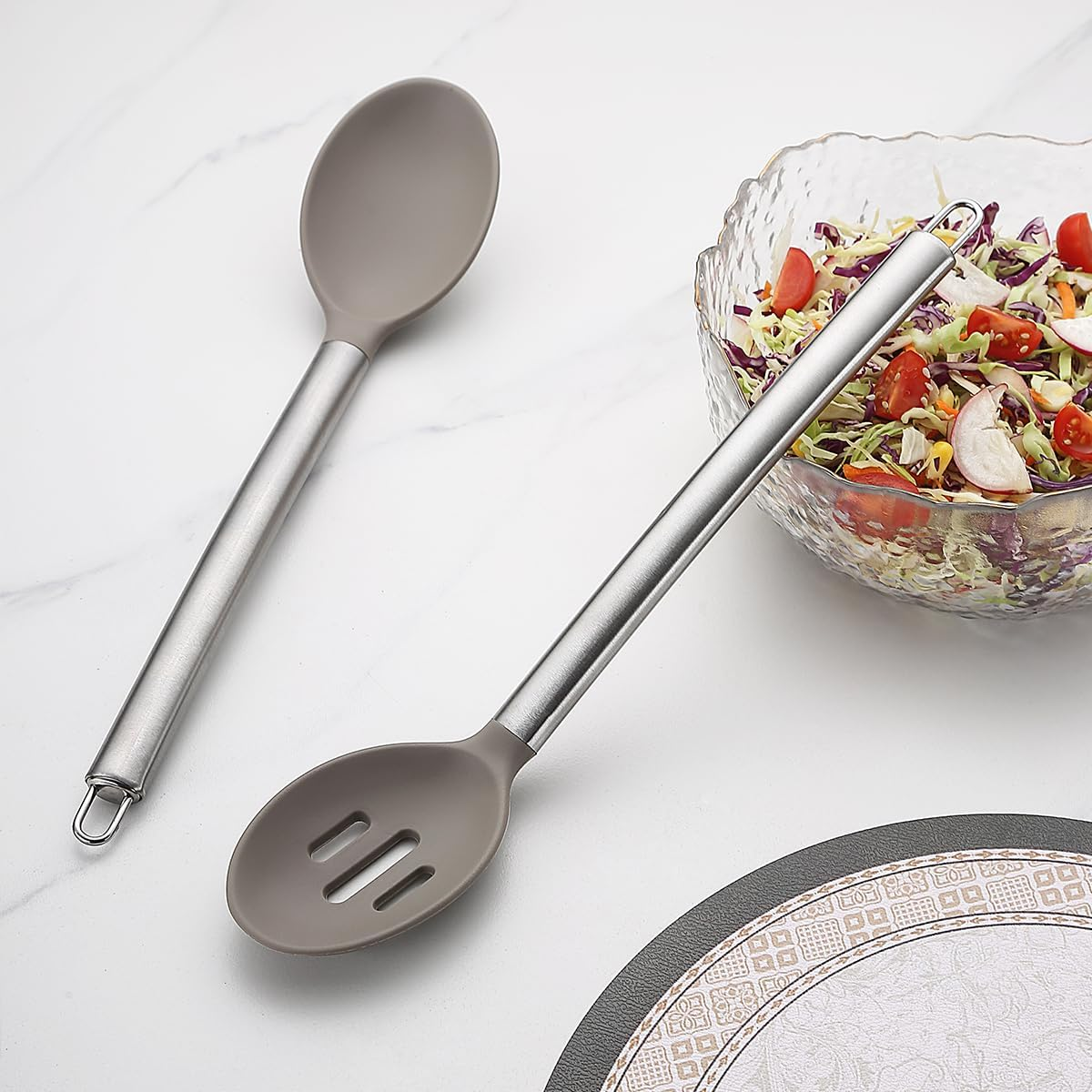 Silicone Cooking Spoon Set, Reanea Solid Spoon, Slotted Spoon, Heat Resistant Handle, Kitchen Spoon for Nonstick Cookware, Dishwasher Safe, Easy to Clean image number 1