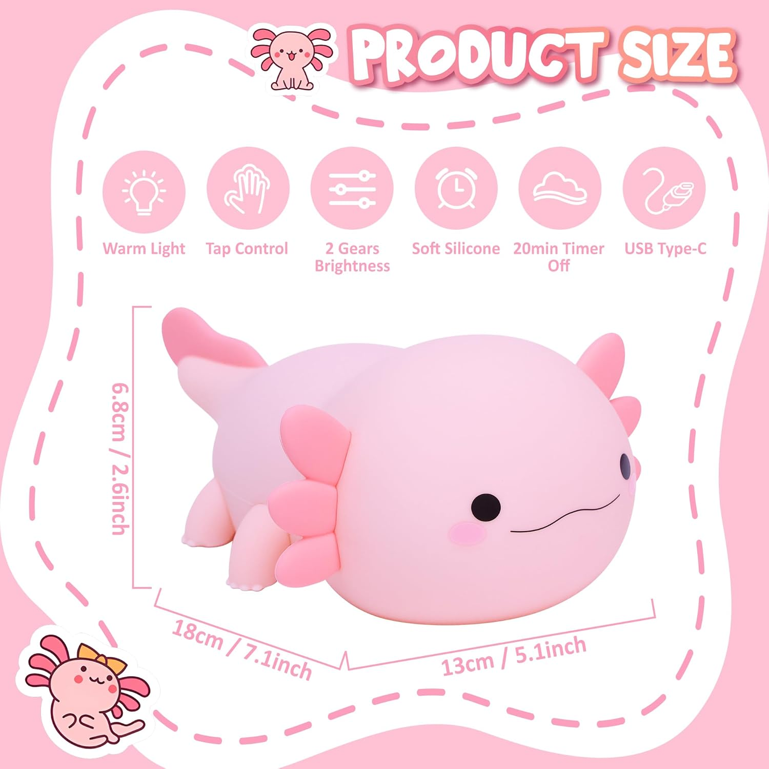 Lampeez Axolotl Gifts, Cute Axolotl Night Light, Soft Silicone Lamp Nursery Nightlight LED Touch Light, Bedroom Decor as Xmas Birthday Gifts Boys Girls image number 5