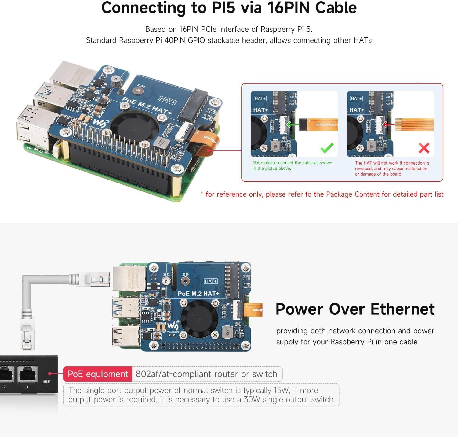 Wavesharr PI 5 Hat+,Pcie to M.2 Adapter with Poe Function for Raspberry Pi 5, Supports Nvme Protocol M.2 Solid State Drive, High-Speed Reading/Writing, Raspberry Pi 5 Poe HAT image number 1