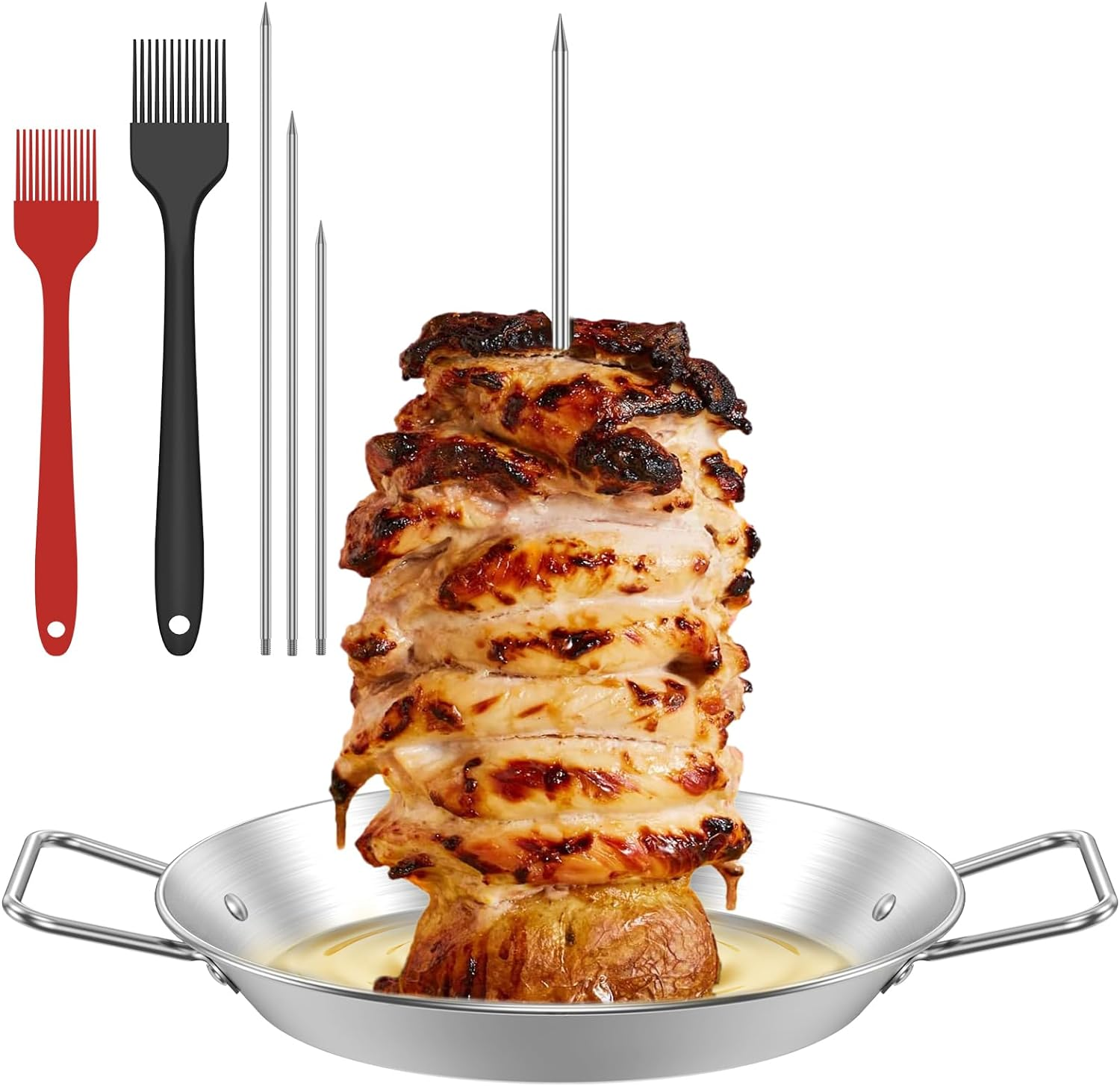 Vertical Skewer for Grill Stainless Steel BBQ Vertical Skewer Grill Reusable Gyro Pan with 8/10/12Inch Roasting Sticks and Brush Vertical Meat Skewer Stand with Handle for Picnic Kebabs image number 6