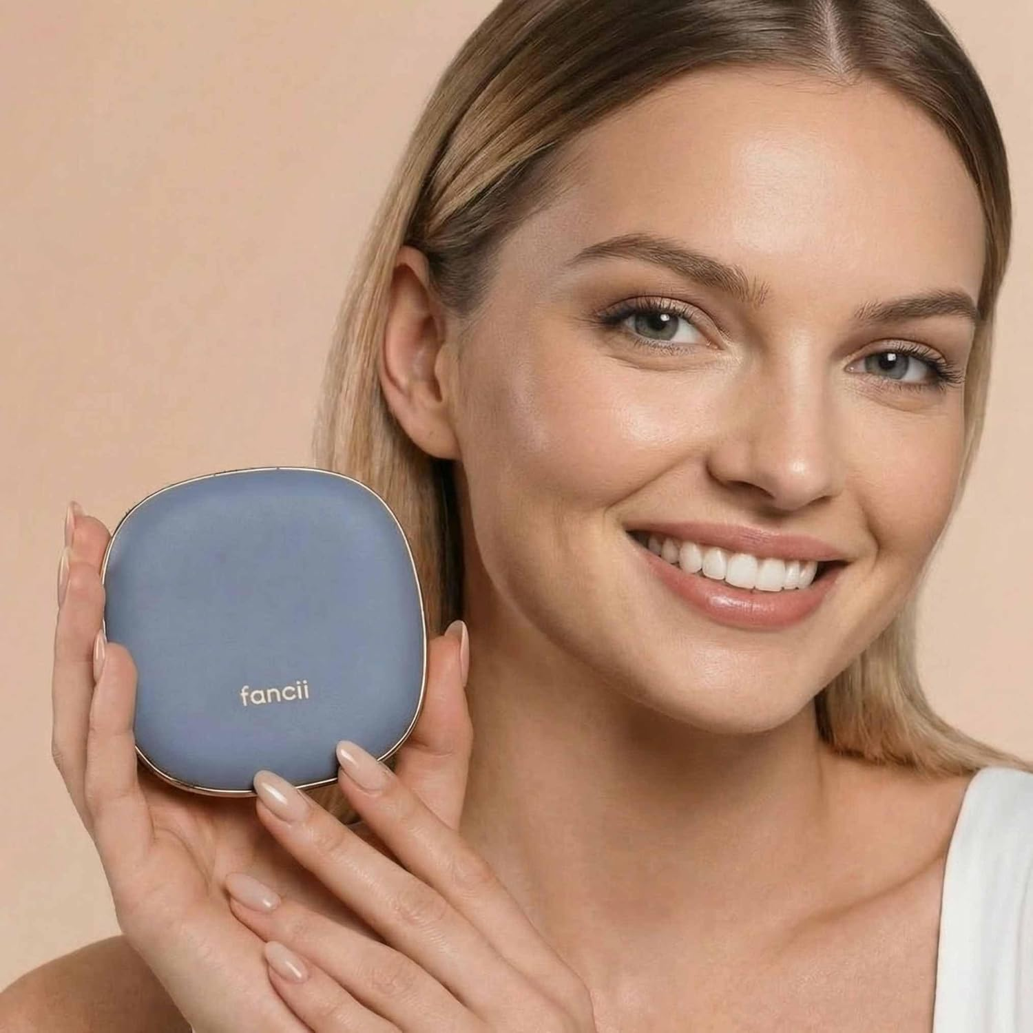 Fancii Mila 2 LED Lighted Compact Makeup Mirror, Rechargeable, 10X /1X Magnifying, Tru-Glow Light System, Vegan Leather, Small Travel Mirror for Purses (Harbor Blue)