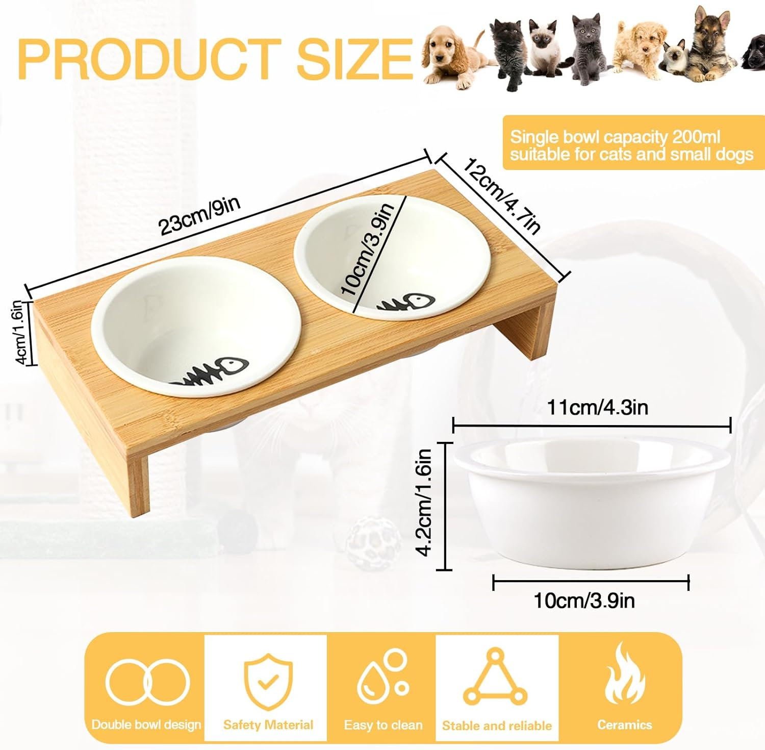 Raised Slow Feeder Dog Bowls, Dog Elevated Food Bowl with 2 Ceramic Bowls, 1.6" Height Cat Water and Food Bowl, Elevated Water Bowl for Dogs Cats (Bamboo) image number 4