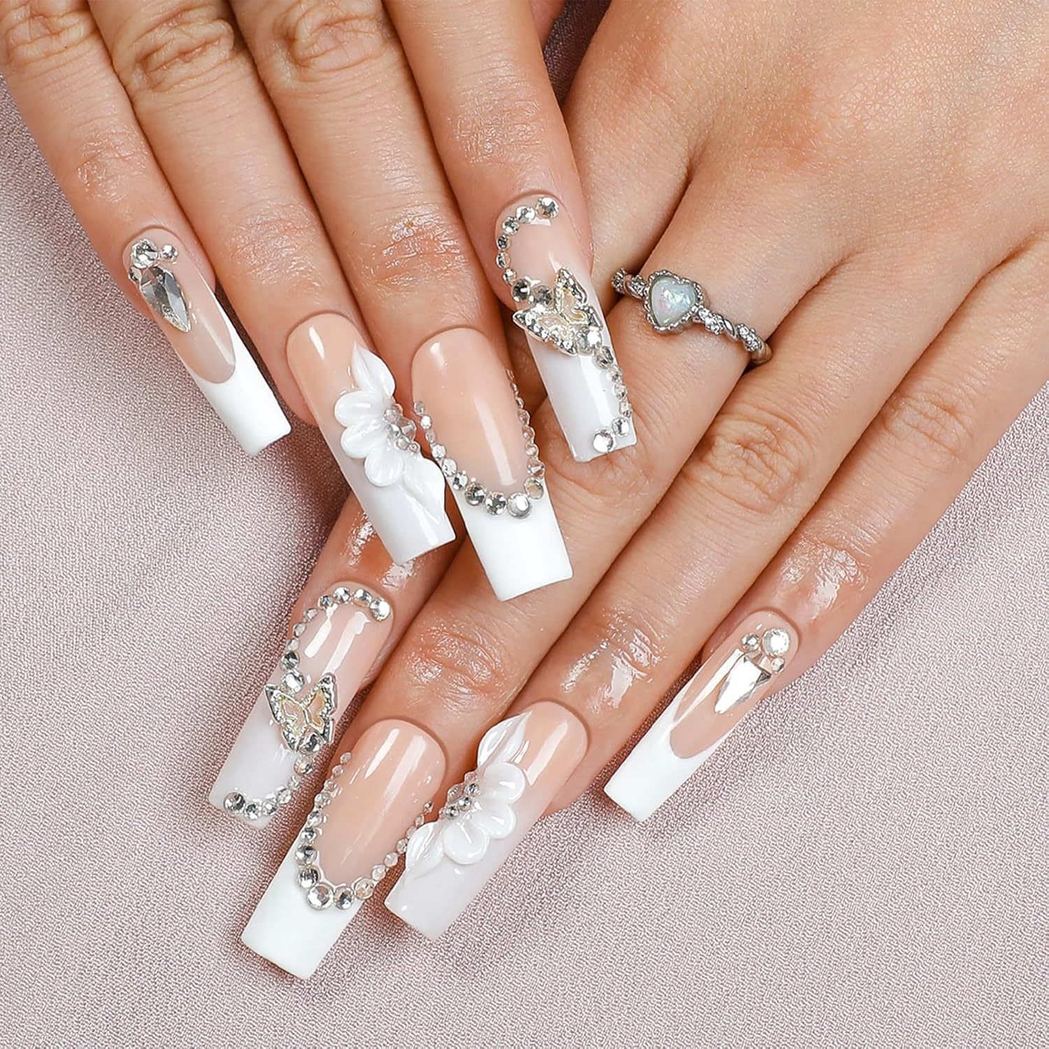 24 Pieces Long Ballerina White Fingernails for Sticking in French Nails - Press on Design with Rhinestones and Flowers, Acrylic Adhesive Fake Nail for Women Artificial Nails - Coffin False Nails