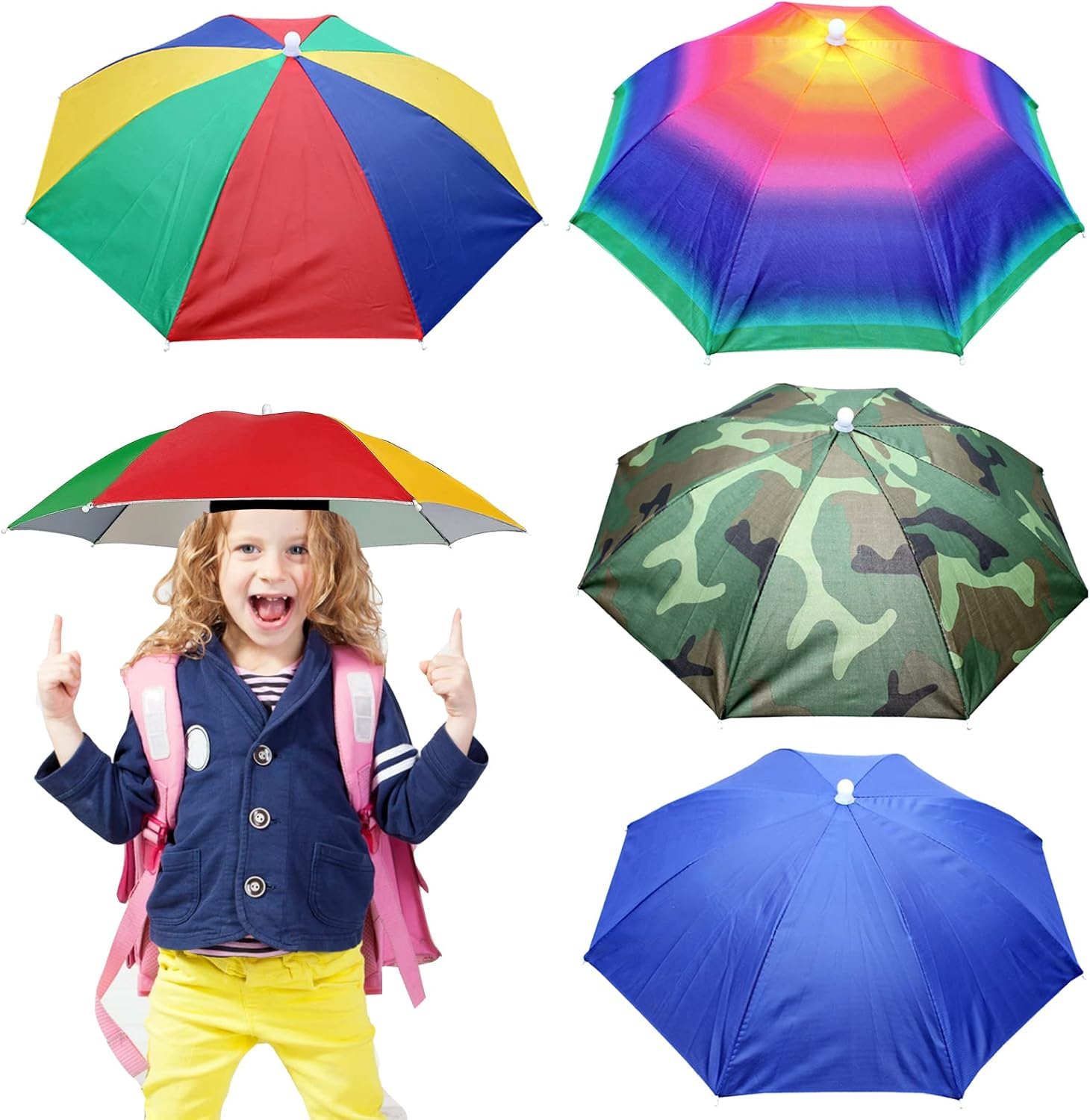 MUFEKUM 4 Pack Umbrella Hats, 20.5" Hands-Free Head Umbrella Hats for Kids, Folding Waterproof Umbrella Cap with Head Strap for Outdoor Party, Fishing, Sun, Rain, Beach, Golf, Hiking