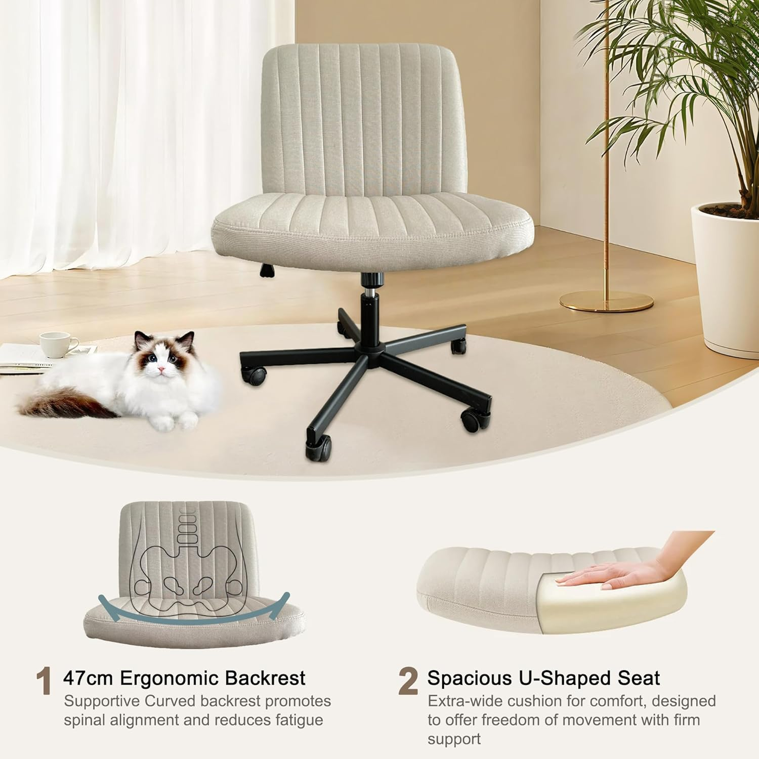 ONEIN Cross Legged Chair, Armless Office Chair with Adjustable Height, 360&deg; Swivel, and Upholstered Cushioned Seat, Modern Ergonomic Desk Chair for Home Office, Vanity, and Study &ndash; Beige image number 4