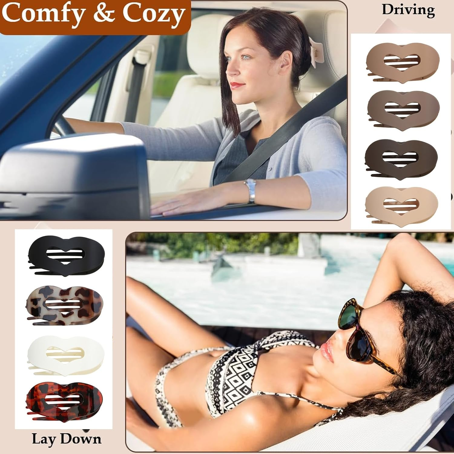 8 PCS Flat Hair Clips French Lay down Hair Claw Clips for Women Girls Strong Hold Hair Barrettes for Thick Thin Hair Comfortable Curved Flat Clips for Lying Driving (Heart) - Square image number 4