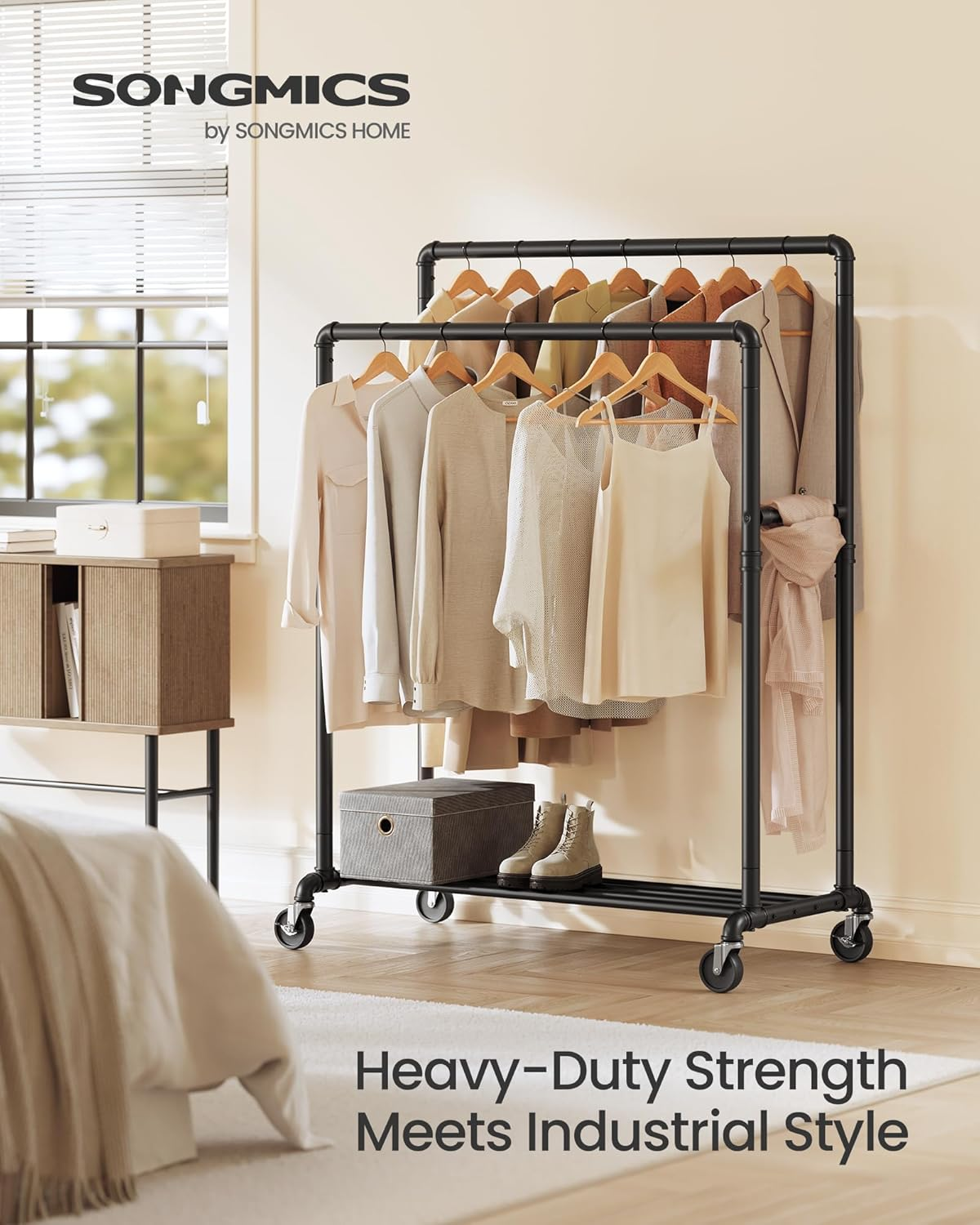 SONGMICS Heavy-Duty Clothes Rack, Double-Rod Clothing Rack for Hanging Clothes, Industrial Garment Rack on Wheels, Metal Frame, 2 Casters with Brakes, Commercial Display, Black UHSR60B image number 1