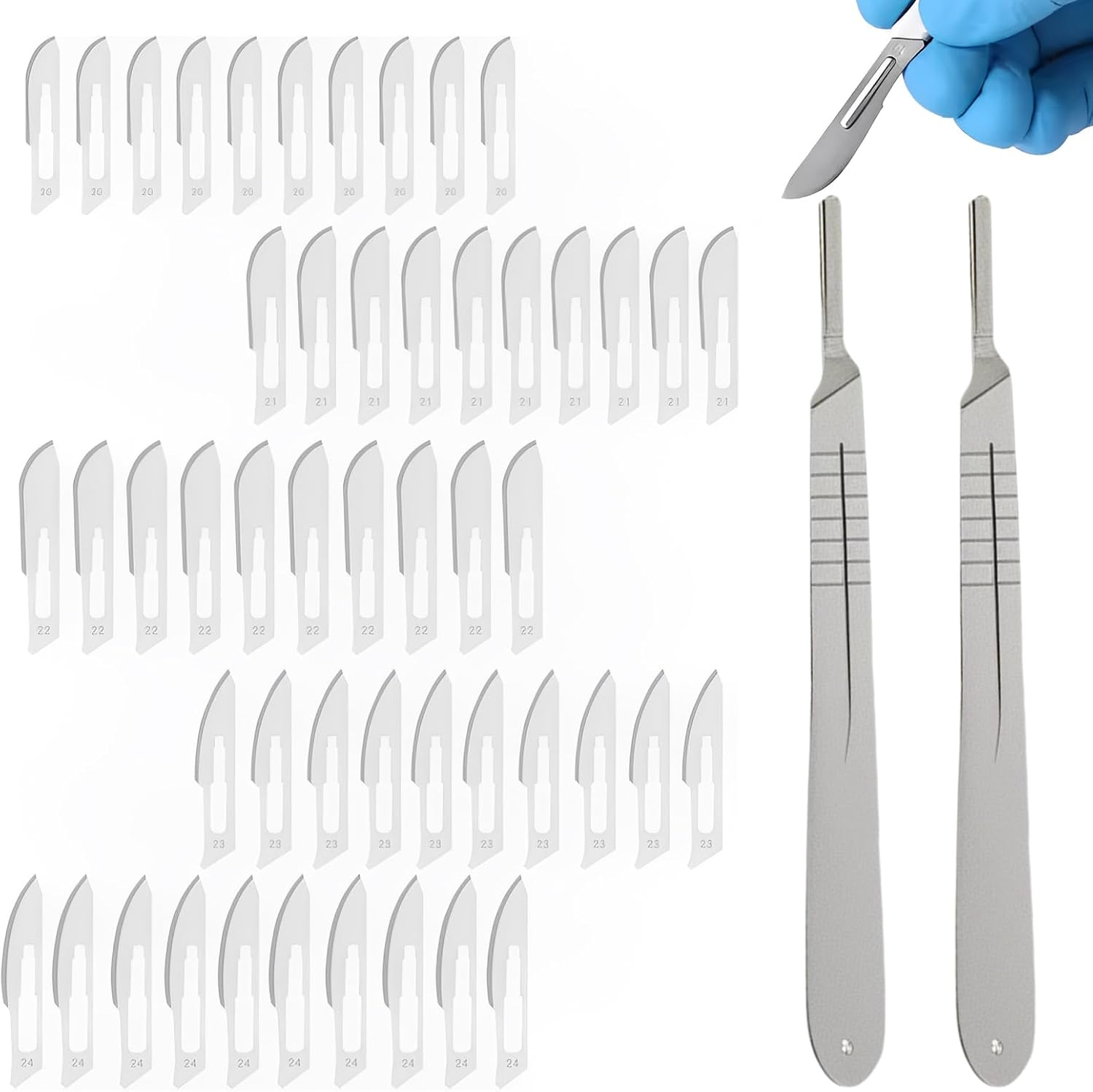 52 Pcs Scalpel Blades Kit, Carbon Steel Utility Scalpel Blade, 5 Styles Replacement Blades and 2 Pcs Knife Handle, DIY Cutting Hand Tools, Angled Cutter Knife for Anatomy Practicing, Sculpting​