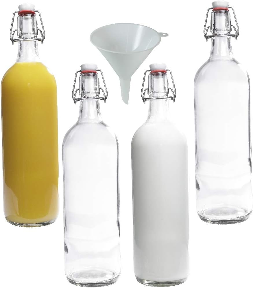 Viva Haushaltswaren 4 Glass Bottles 1 L with Swing Tops for Self-Filling Incl. a White Filling Funnel Diameter 12 CM image number 1