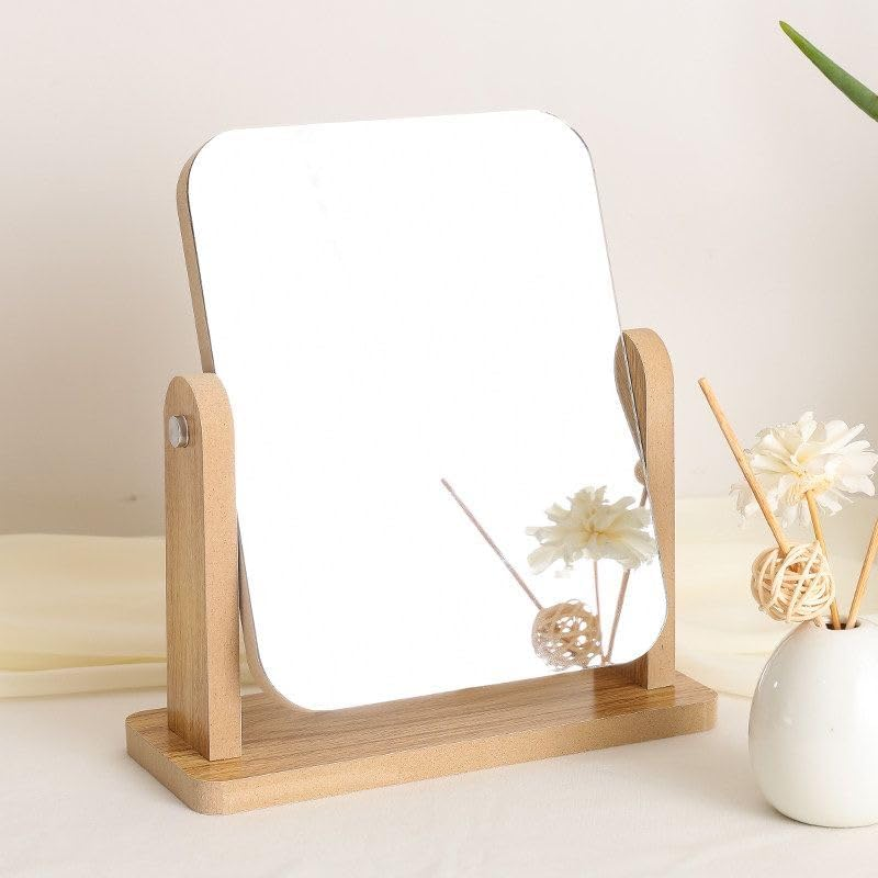 Desk Vanity Makeup Mirror with Natural Bamboo Stand Tabletop Travel, Wood Portable Table Desk Countertop Mirror Bathroom Shaving Make up Mirror Adjustable Mirror image number 2
