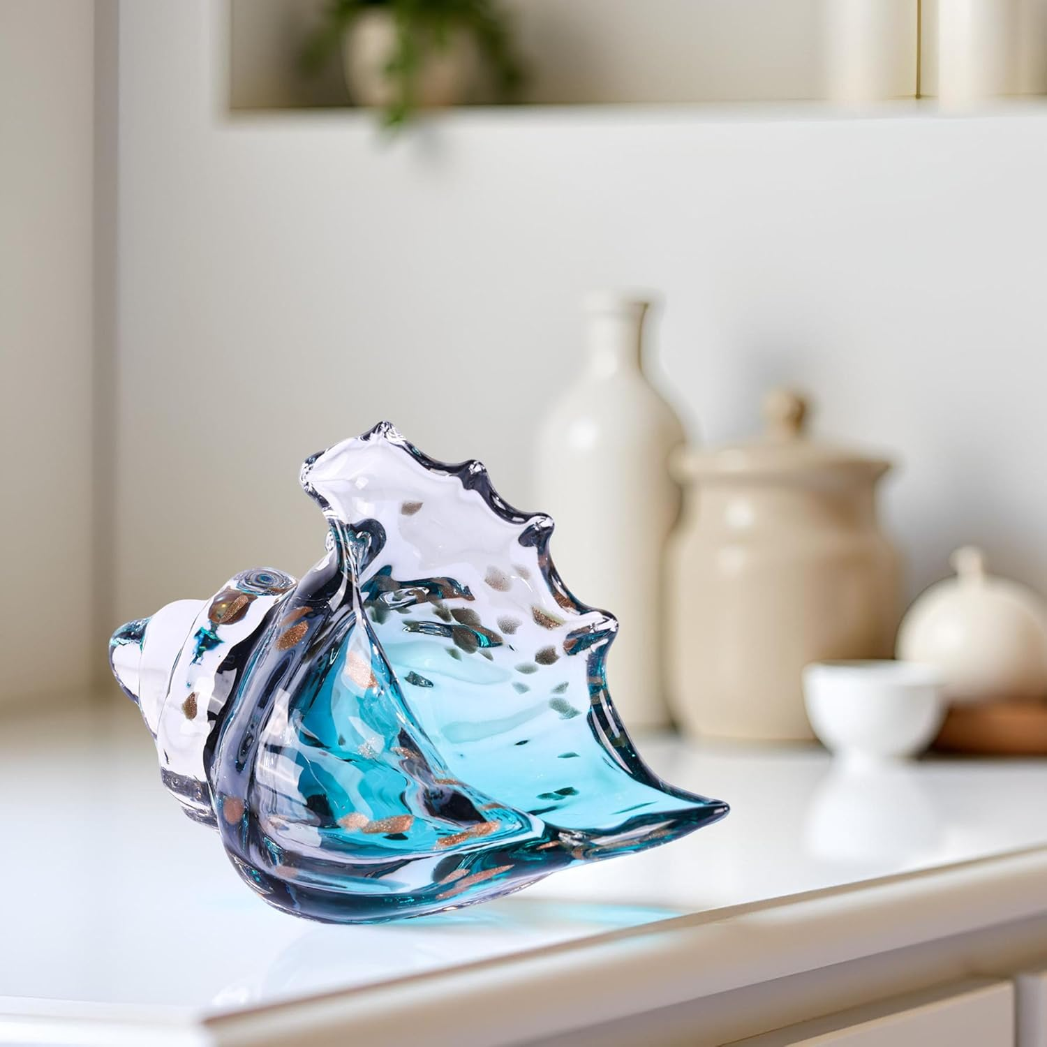 XMGZQ Hand Blown Glass Conch Statue,Sea Glass Art Figurine, Coastal Home Decor with Sea Shells, Living Room TV Stand above Cabinet,Bookcase,Beach Decoration,Entryway Conch Horn Figurines - Gray,Yellow image number 3