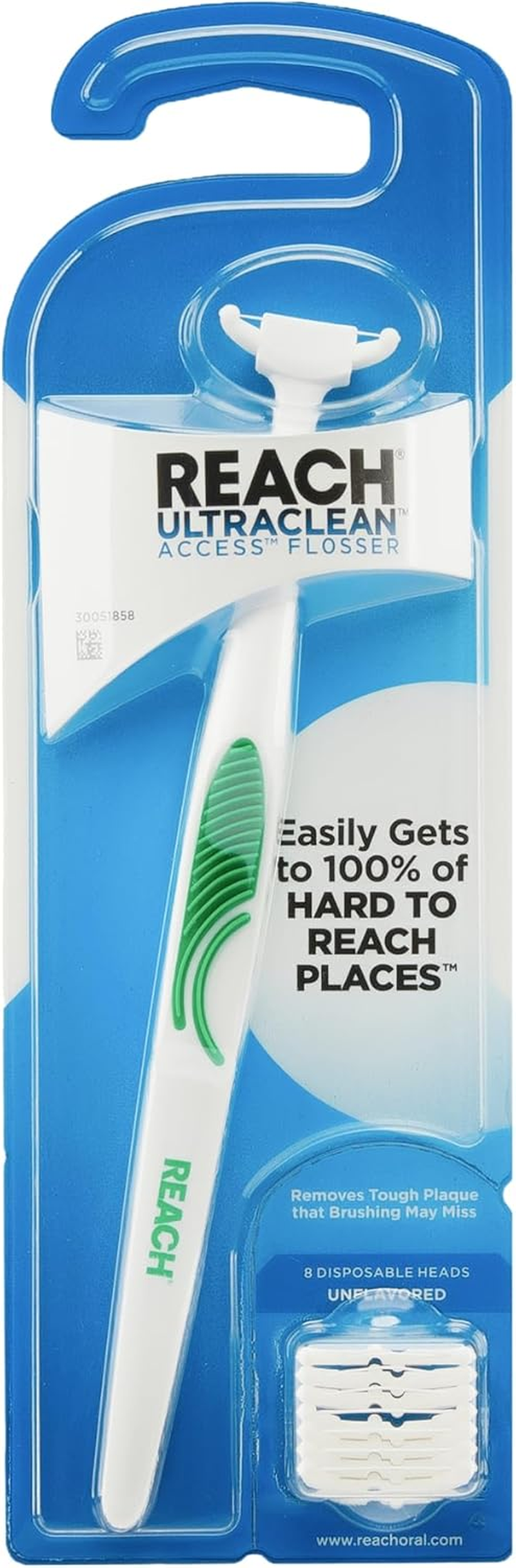 REACH Ultraclean Access Flosser Starter Kit, Unflavored, Plaque Remover for Teeth, for Hard to Reach Areas, Oral Care, PFAS Free, 1 Replaceable Flosser & 8 Refill Heads, 1 Pack
