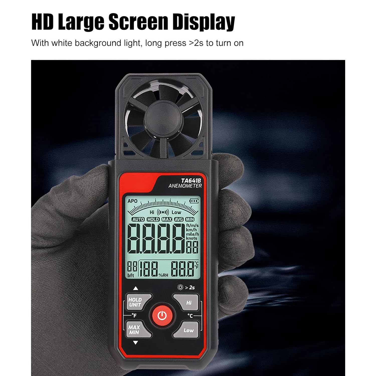 Handheld Anemometer, Handheld Digital Wind Speed Meter Gauge Air Flow Velocity Tester, 0.06 to 30.0M/S 8 Blades High Accuracy with 4 Digit Display for Measuring Wind Speed image number 3