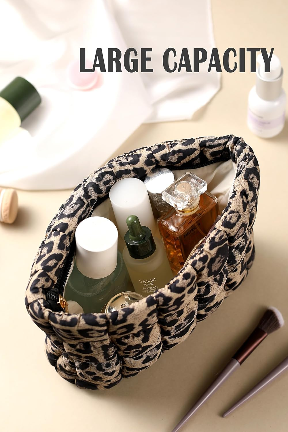 Puffy Quilted Makeup Bag, Travel Cosmetic Bag for Women, Toiletry Organizer Pouch, Clutch (Brown Leopard) - Blue image number 3
