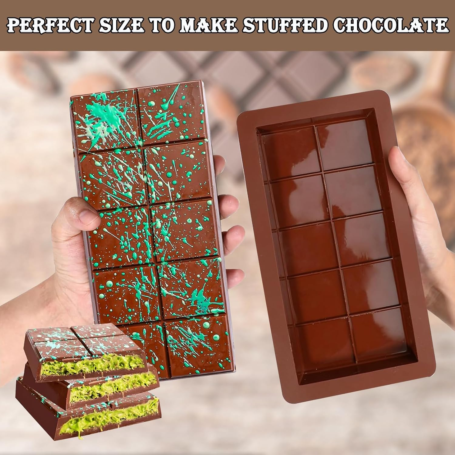 Chocolate Bar Mold,Bonlaer 2 Pcs Stuffed Chocolate Bar Molds Silicone Shapes,Diy Deep Chocolate Candy Kitchen Baking Moulds,10 Grids image number 1