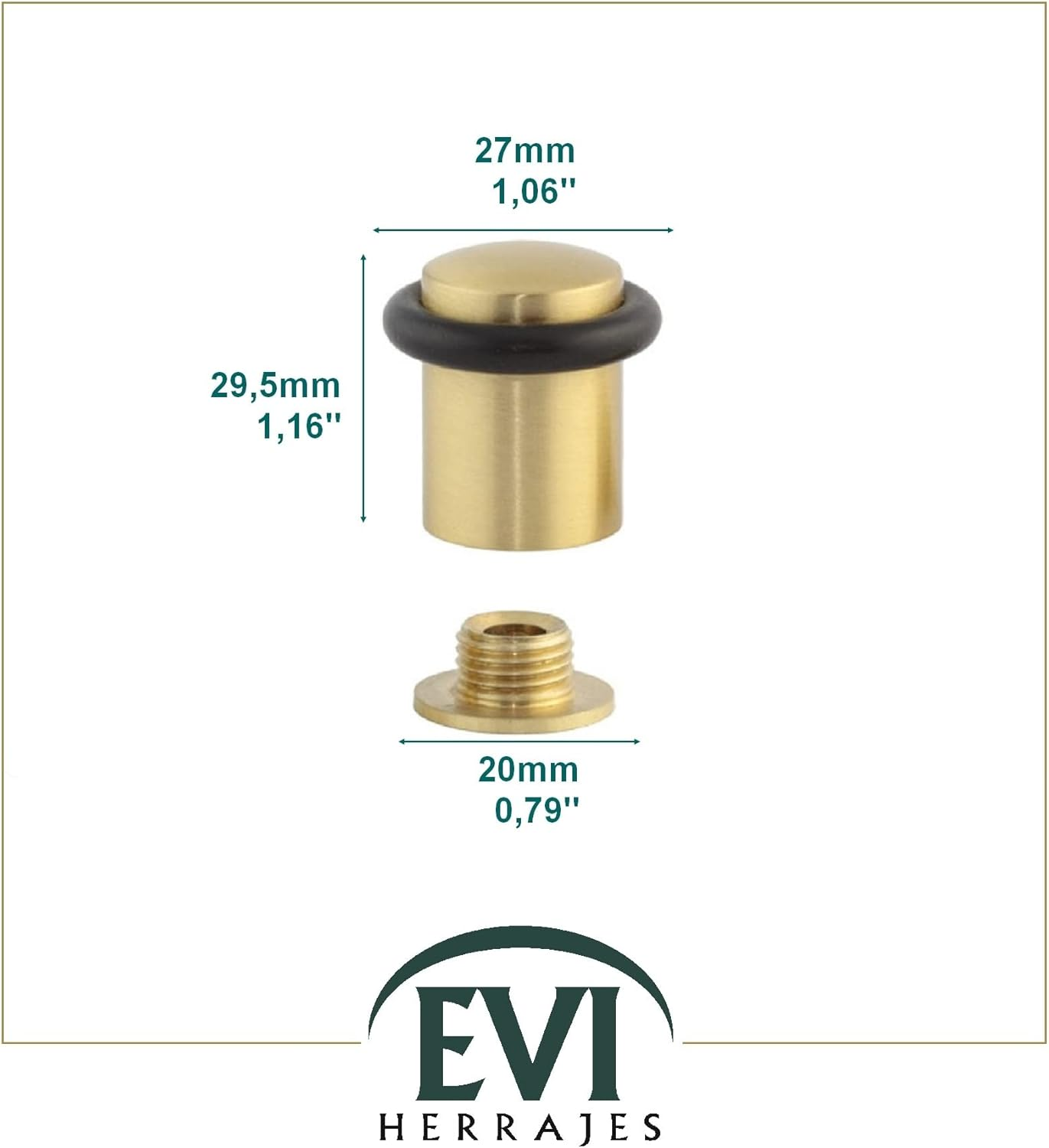 EVI | Pack of 2 Door Stops | 20X29.5Mm | Threaded Base | Black Natural Silicone Rubber | Satin Matte Finished Brass | Includes Tools | Model I-108 - Leather image number 6