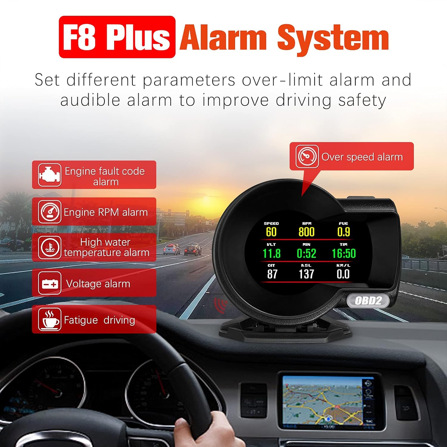 Wiiyii Car HUD Head up Display F8 Plus, OBD+GPS Gauge, Works for All Cars, Your Private Vehicle Inspection Assistant image number 1